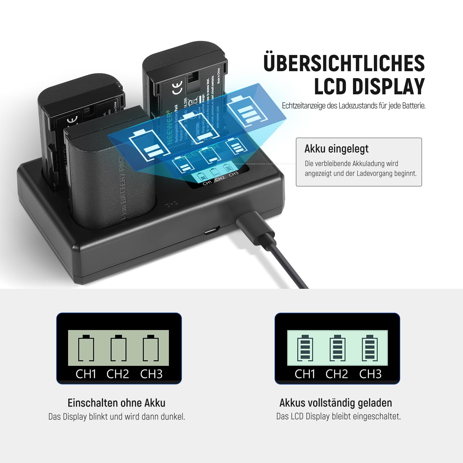 NEEWER LP-E6NH Batterie Remplacement et USB,Pack de 3 Batteries 2250mAh pour LP-E6NH avec USB Triple Emplacement,Chiffon,Compatible avec Canon EOS R7 R5 R6 R6 II R 5DIV 6DII 7DII 80D