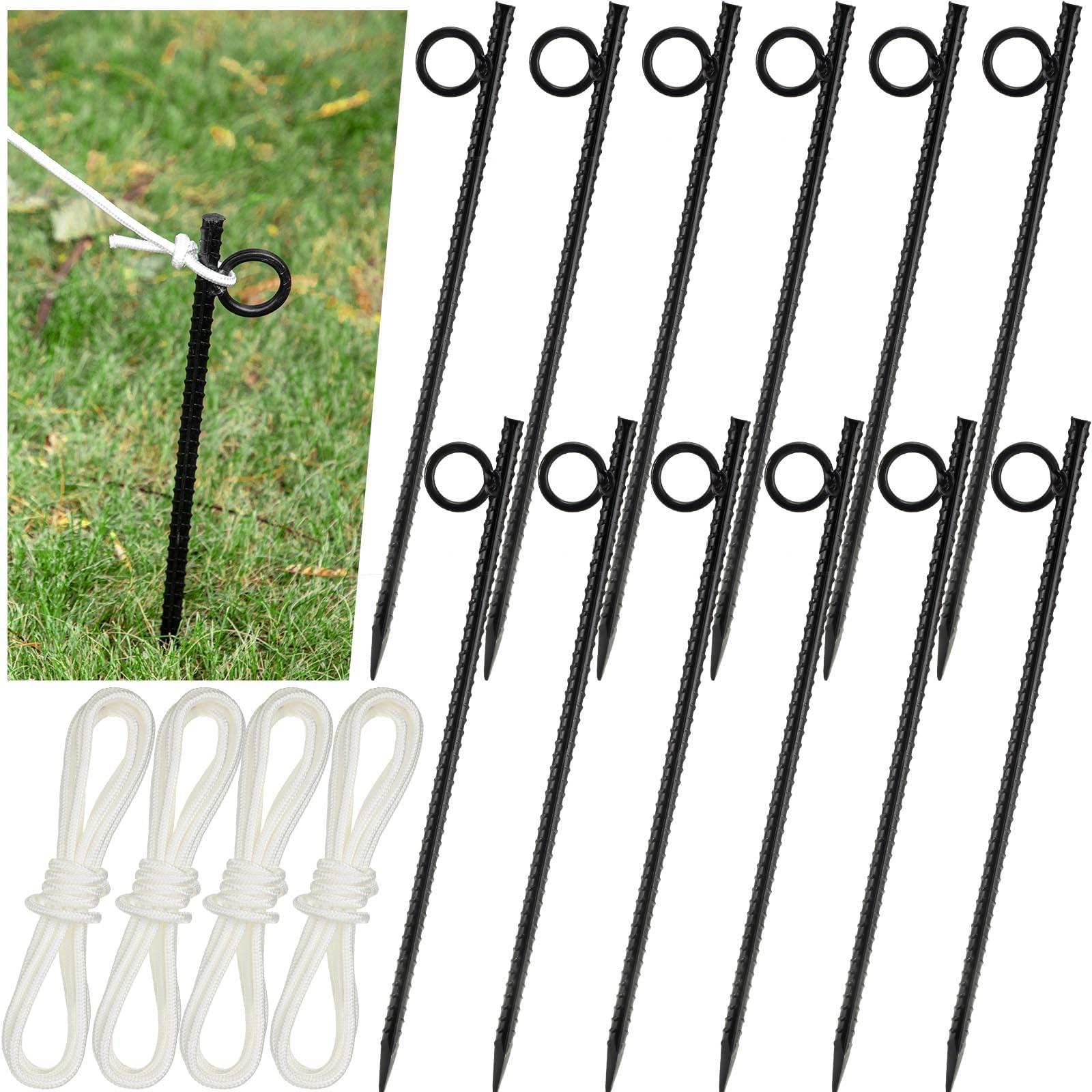 12 Pack 18'' Rebar Stakes with Ropes for Outdoor