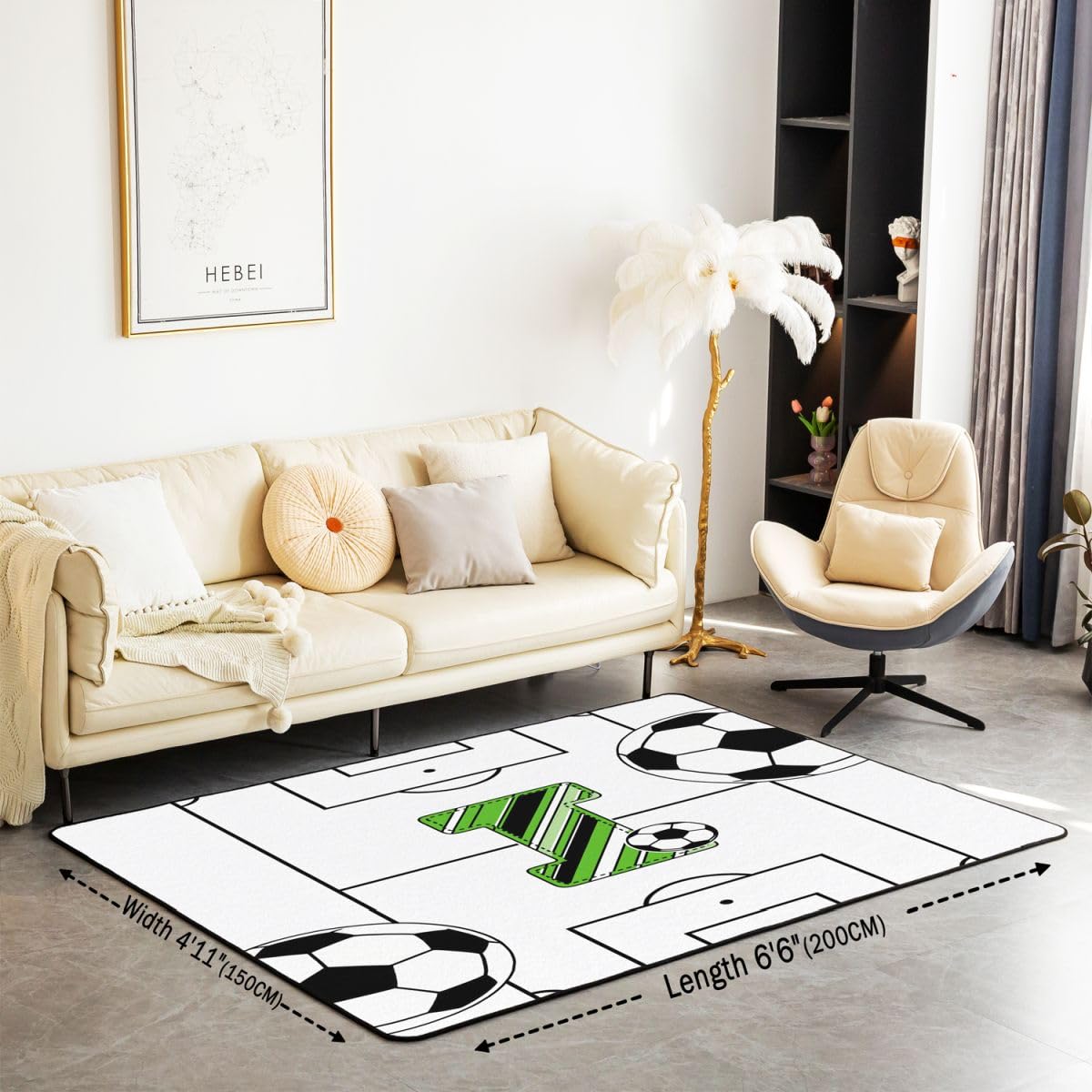 Homewish Dywaniki do piłki nożnej 100 x 150 cm do sypialni salonu - spersonalizowany inicjał i nowoczesny dywan podłogowy biały i czarny gra w piłkę duże dywany boisko piłkarskie nie gubi dywanu
