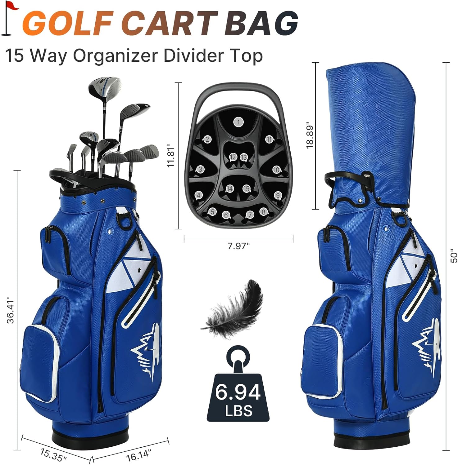 uniHimal Golf Cart Bag with 15 Way Organizer Divider Top, S-Lock Cart Golf Bag for Men Women with Magnetic Pocket and Rain Cover, Lightweight Golf Club Bag Includes Cooler Pocket and Handles