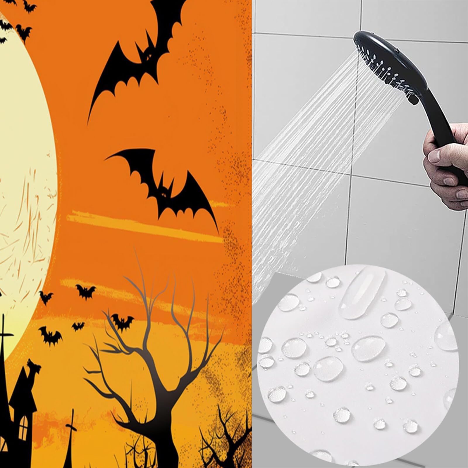 Duschvorhang Halloween Fledermausburg Cartoon-Illustrationen Duschvorhänge H240Xb200Cm | Anti-Schimmel Wasserdicht Polyester Stoff Waschbar Bad Vorhäng Für Badzimmer Mit Haken