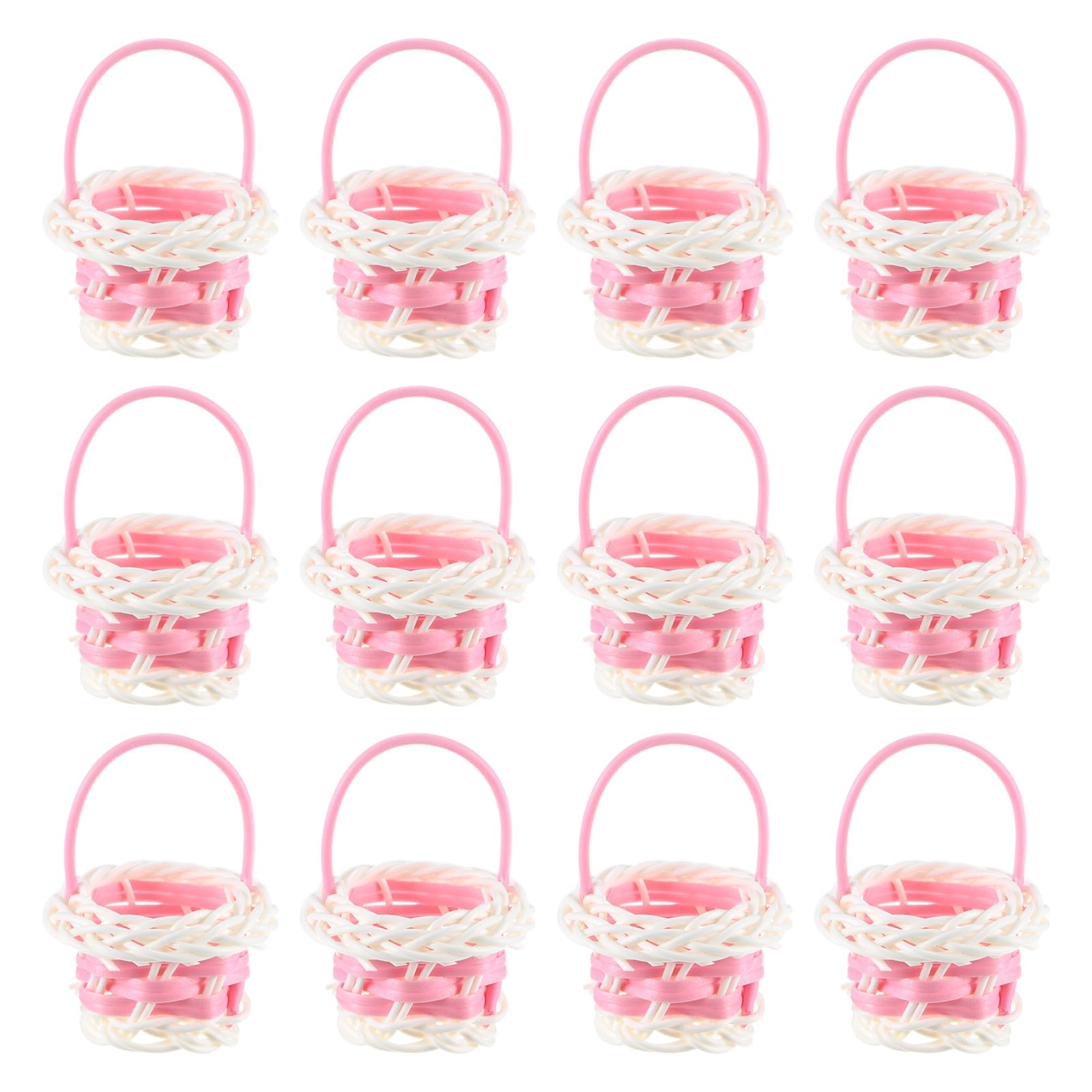 M METERXITY 12-Pack Mini Woven Baskets with Handles, 1.18 x 1.77 x 2.56 Inch Plastic Mini Flower Baskets with Handles for Craft/Birthday/Party/Wedding [White,Pink]
