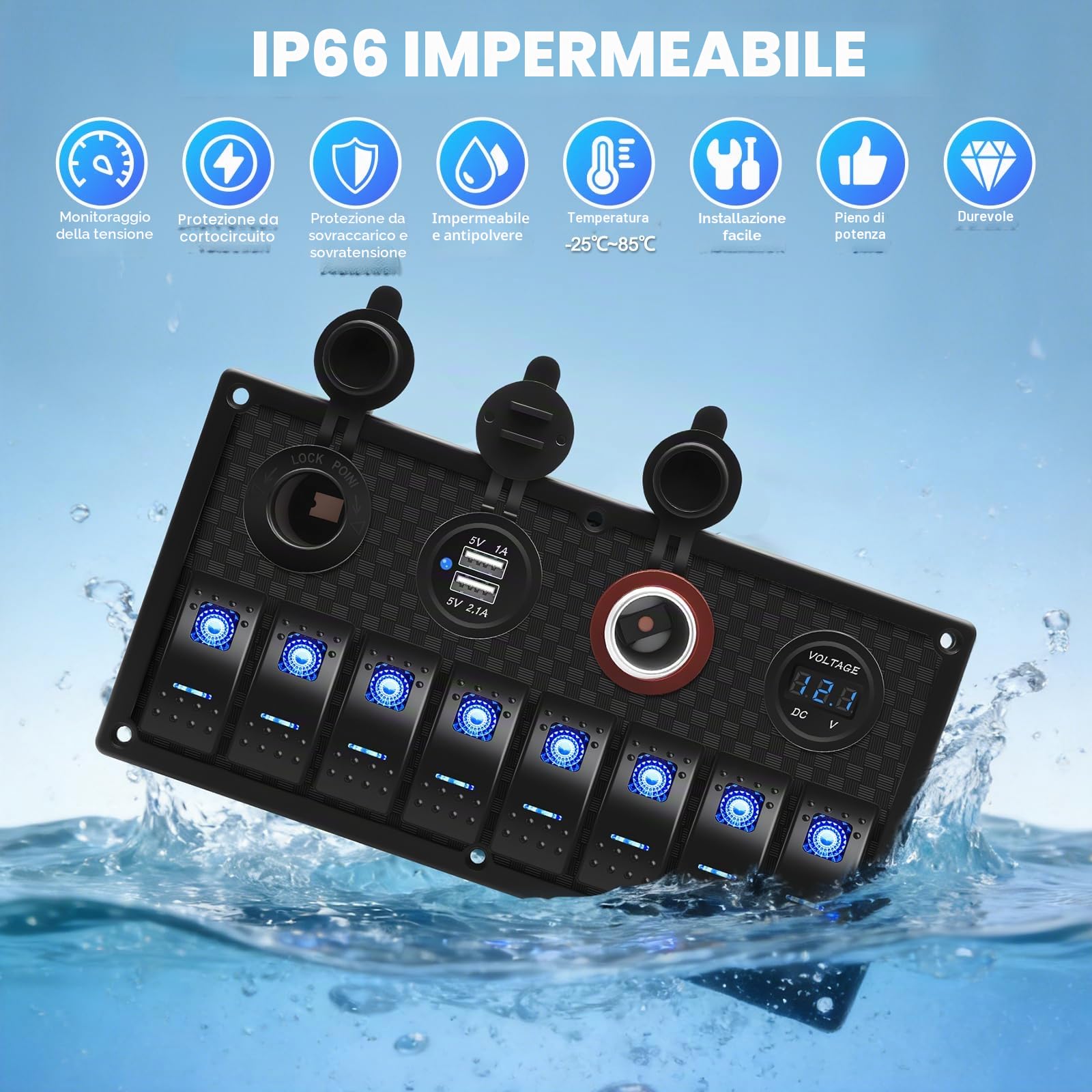 Geloo Pannello Interruttore a Bilanciere a 8 gang Impermeabile 4 in 1 multi-funzione, interruttore a levetta per Auto, Barca, Camper (Blue)