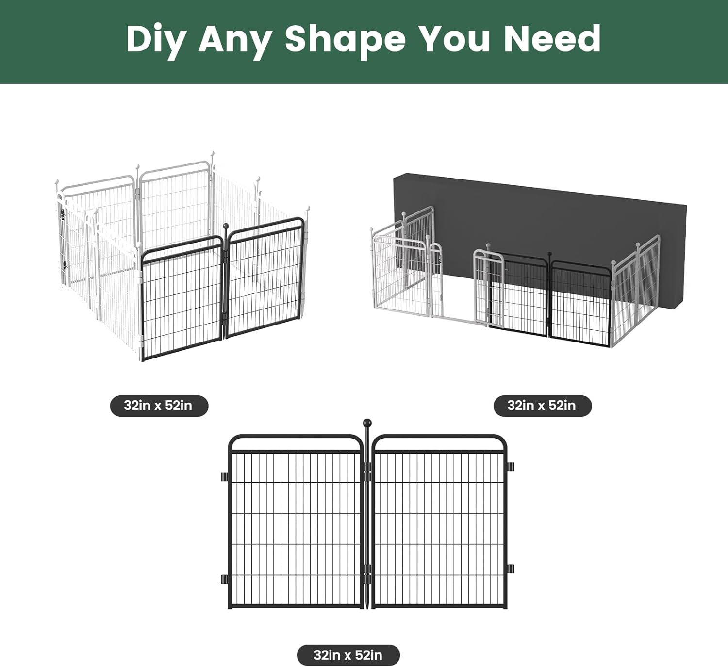 Gardner Pet Dog Playpens, 32" H 2 Add-on Panels for Small/Medium/Large Dogs, Foldable Pet Play Yard Gate Extensions, Pet Playpen, Anti-Rust, Quick Install, Black