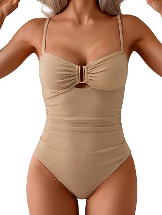 Eomenie One Piece Swimsuit for Women Tummy Control Ruched Bathing Suit | Cutout U Wire Swim Suits, V Neck, Adjustable Spaghetti Straps