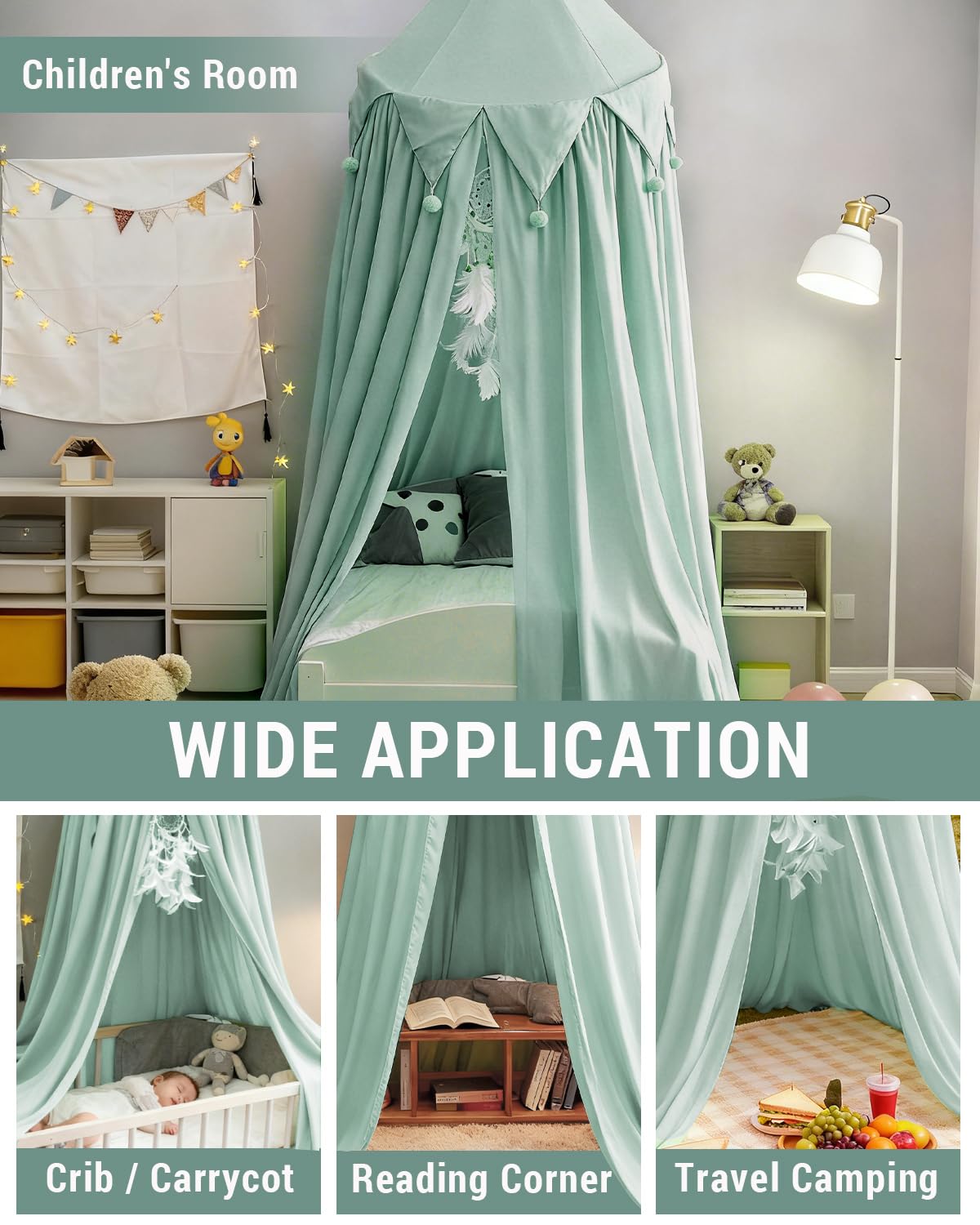 Surwin Ciel de Lit pour Bébé Enfants, Moustiquaire Rideau Baldaquin Dôme Romantique Princesse Tente de Lit avec Ballon, Décoration Chambre à Coucher Dressing Lecture Maison de Jeux (Lac Vert)