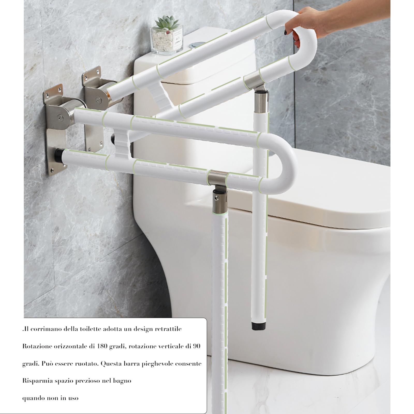Maniglione Ribaltabile Bagno per WC, Maniglioni per Anziani In Acciaio Inossidabile, Maniglia di supporto da parete per WC, 60 cm, per anziani, disabili, per WC con gambe e WC(bianco,Con stile gamba)