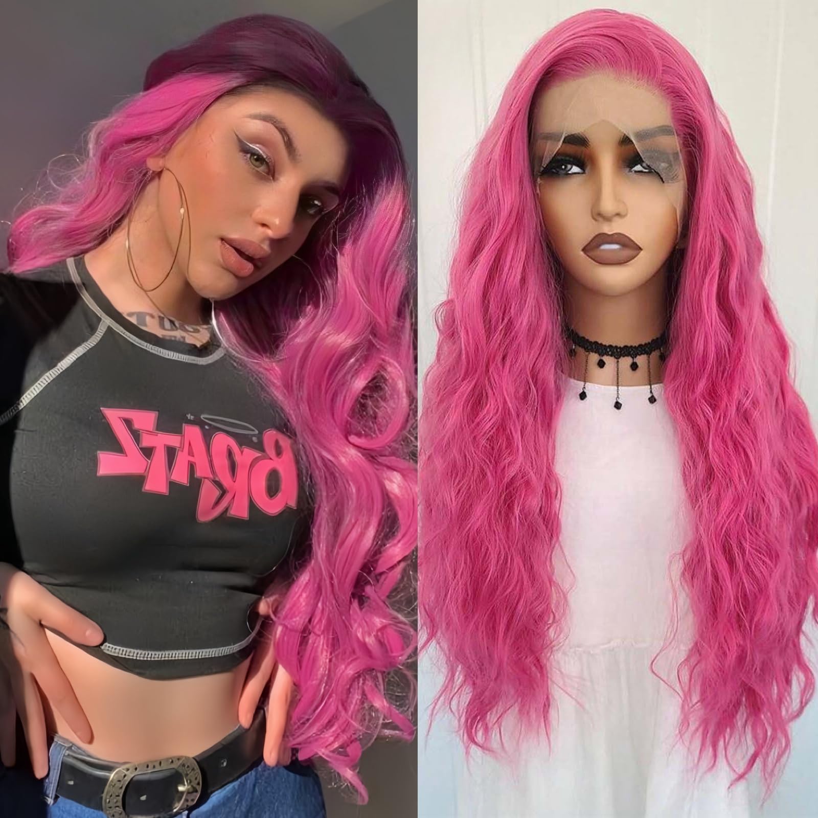 RONGDUOYI Hot Pink Wig Long Wavy Hair Wig Pink Curly Synthetic Lace Front Wig Water Wave Glueless Red Deep Wave Lace Front Wigs for Women Party