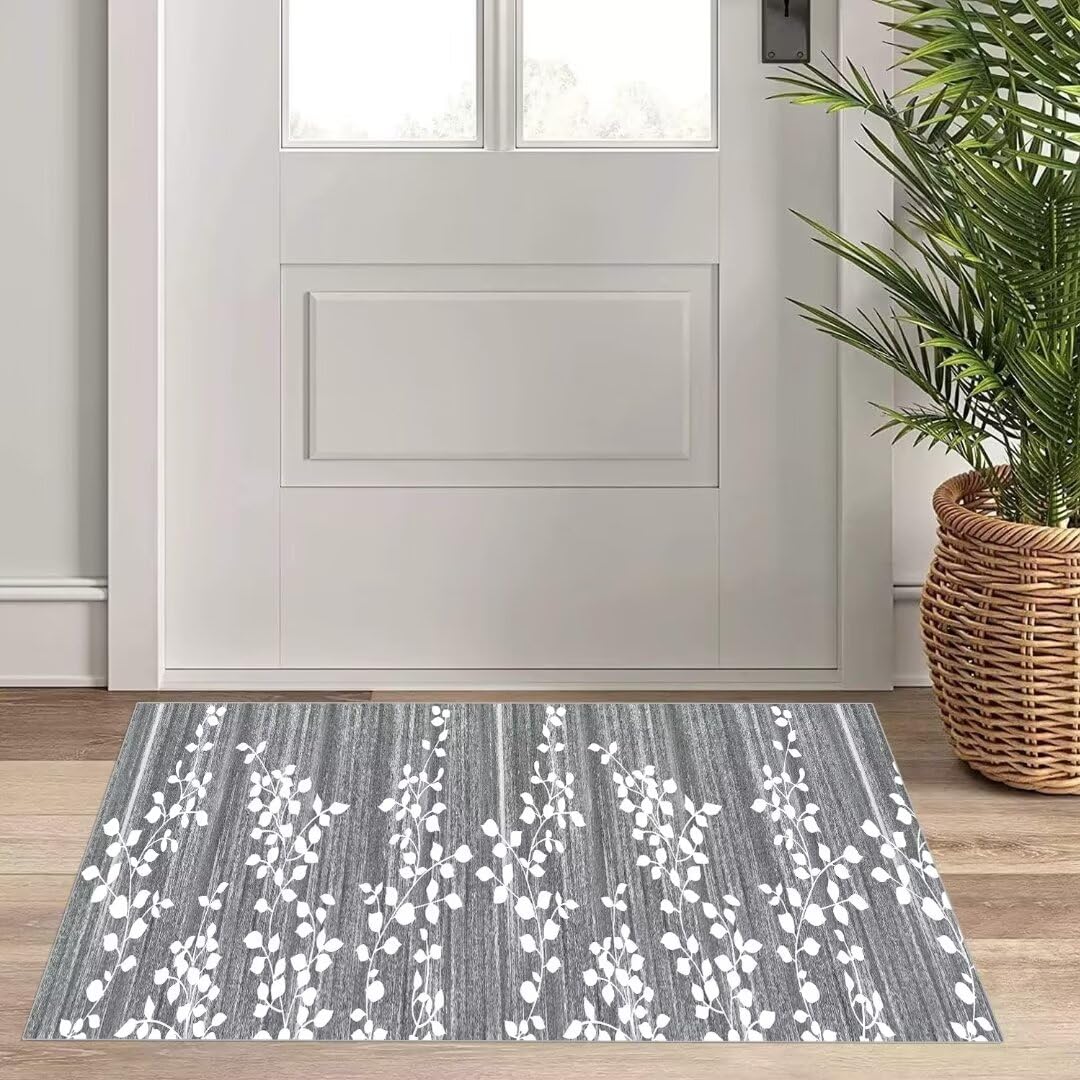Nowoczesny chodnik do przedpokoju, kuchni, antypoślizgowy, 100 x 180 cm, wzór liści, szary i biały, długi dywan do korytarza, salonu, sypialni, możliwość dopasowania na metry