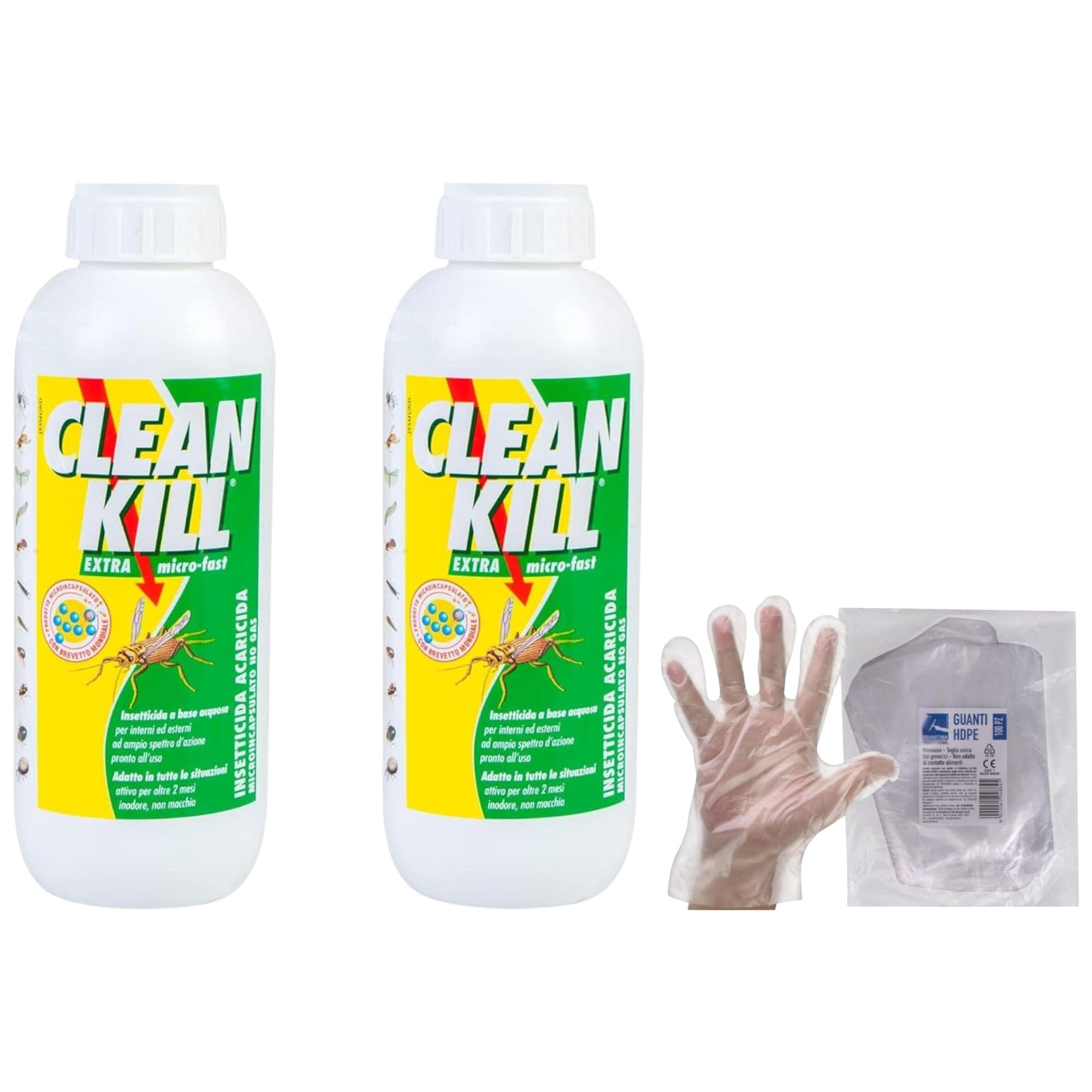 CLEAN KILL Insetticida Acaricida Microincapsulato No Gas, Ideale per Interni ed Esterni, Attivo per Oltre 2 Mesi, Ricarica da 1000ml (2 Flaconi) + 100pz Guanti HDPE Monouso