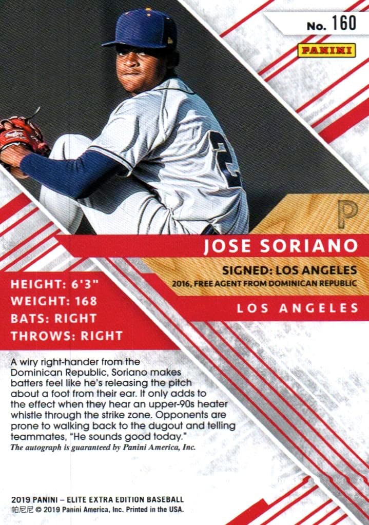 Jose Soriano Autographed & Serial Numbered #36/50 Collectible Baseball Card - 2019 Panini Blue Elite Extra Edition Baseball Card #160 (Angels) Free Shipping & Tracking
