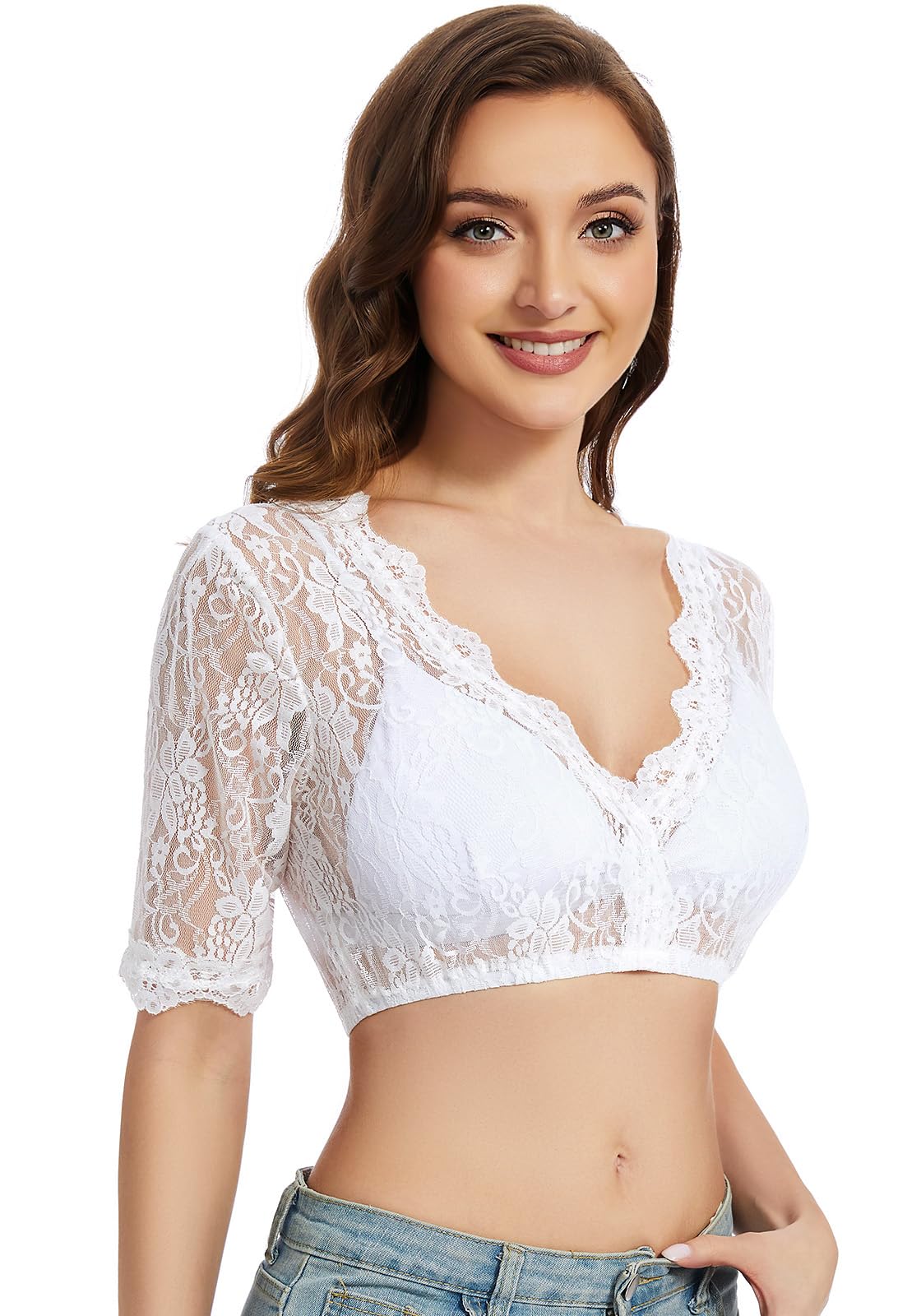 AMZHOTER Dirndlbluse Damen Dirndl Bluse Spitze Kurzarm Trachtenbluse Weiß Oktoberfest Bluse 32-54