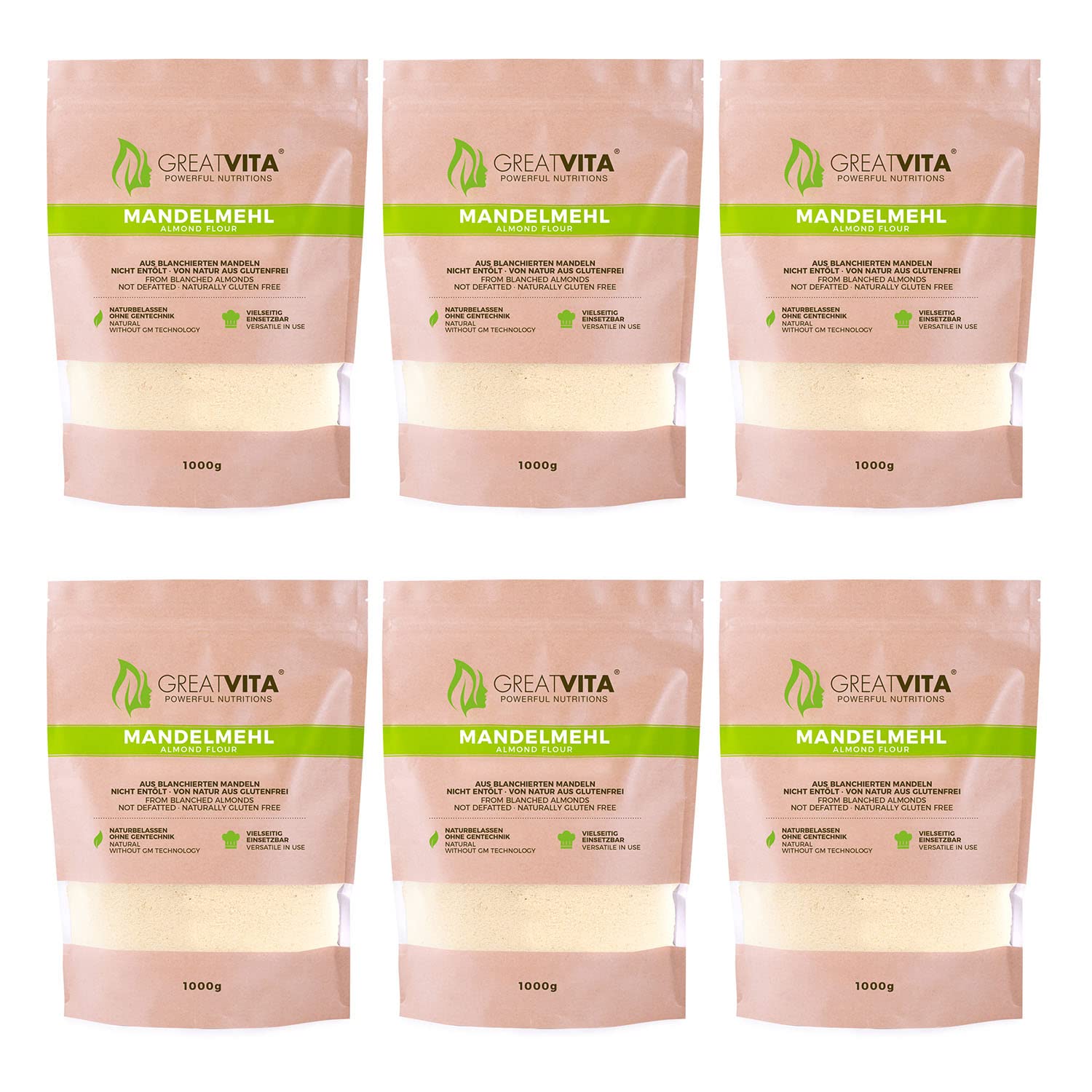 Harina de almendras MeaVita, natural, blanqueada, paquete de 6 (6 x 1000g) en una bolsa