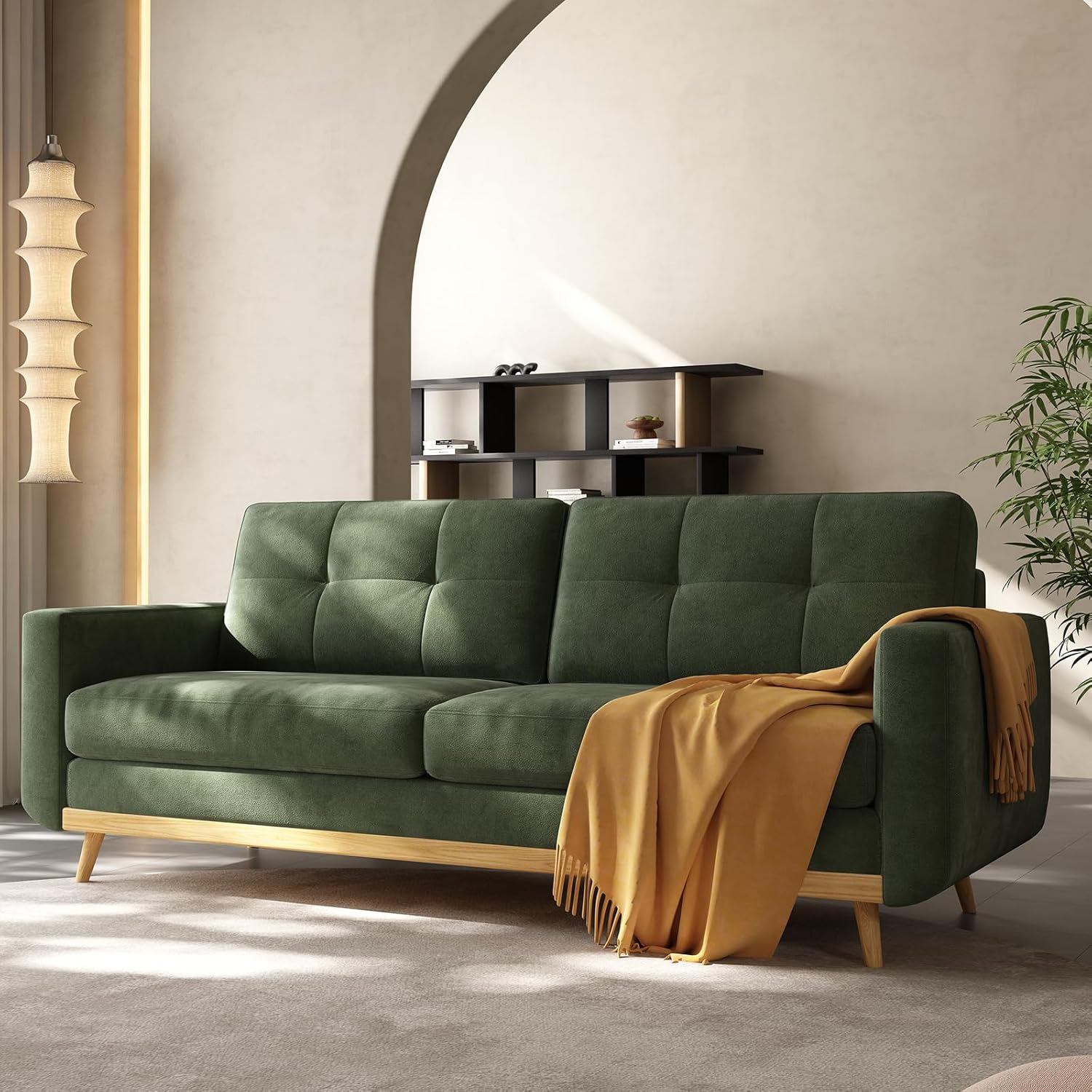 67.7” Loveseat Sofa, Mid Century Modern Decor Love Seat Couches for Living Room, Button Tufted Upholstered Small Couch for Bedroom, Easy to Install Furniture Solid Wood Foot (Green, Loveseat) | solid wood foot, wood slats frame, Button Tufted, Green