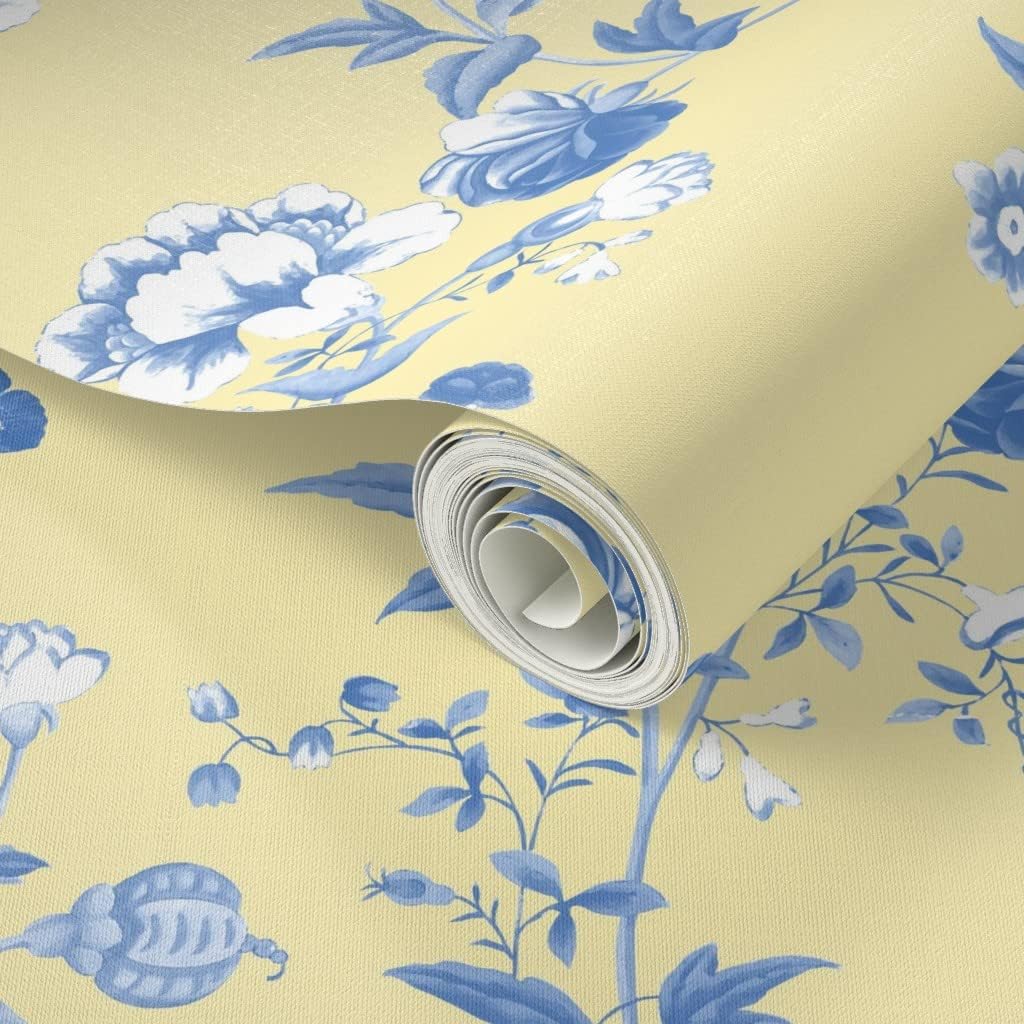 Peel & Stick Wallpaper 3ft x 2ft - Pale Yellow Chinoiserie Dowager Floral Pastel Blue Flowers Butterfly Custom Removable Wallpaper by Spoonflower