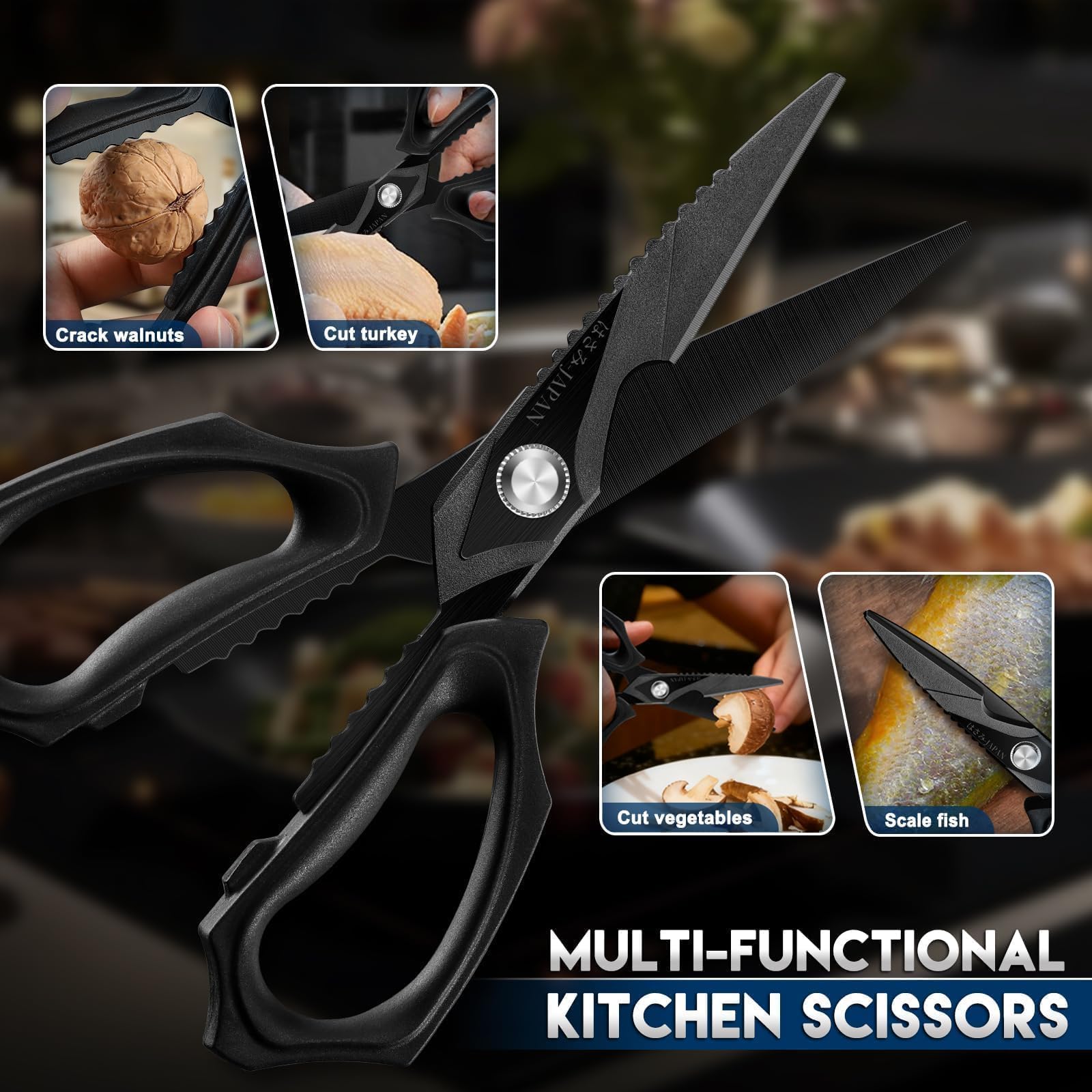 Purple Dragon Forbici da cucina – Giappone SK5 acciaio multiuso forbici domestiche resistenti alla corrosione rivestimento in titanio nero per pollame, frutti di mare, pesce, verdure e altri alimenti