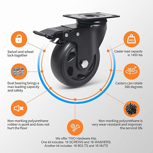 Miniatura 5 de YAEMIKY - Ruedas giratorias de 4 pulgadas de 2000 libras, juego de 4 ruedas, ruedas de placa resistentes con rodamientos de bolas dobles, ruedas