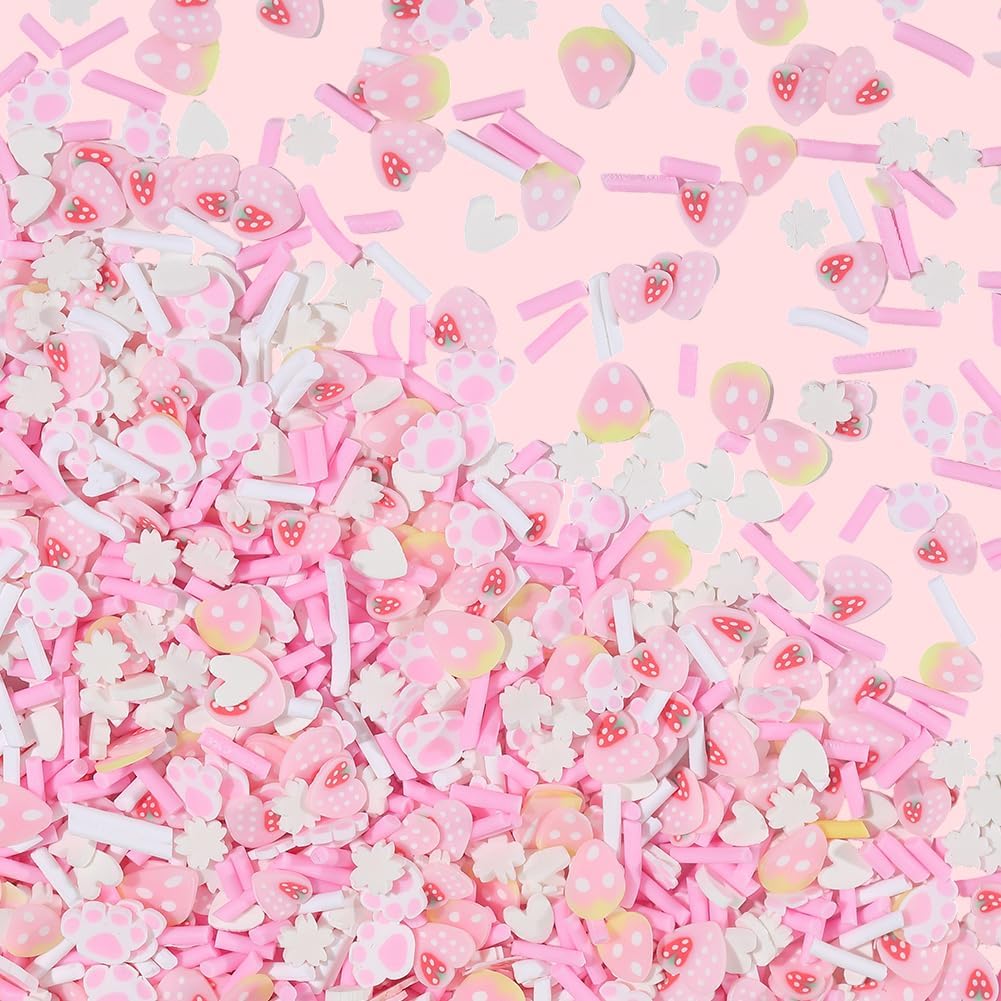SUNNYCLUE 100G Nail Art Slices Resin Sprinkles Mini Polymer Clay Cabochons Pink Strawberry Beads Fruit Slices Charms Faux Sprinkles for Nail Art Decoration Jewelry Making DIY Crafts Women Supplies