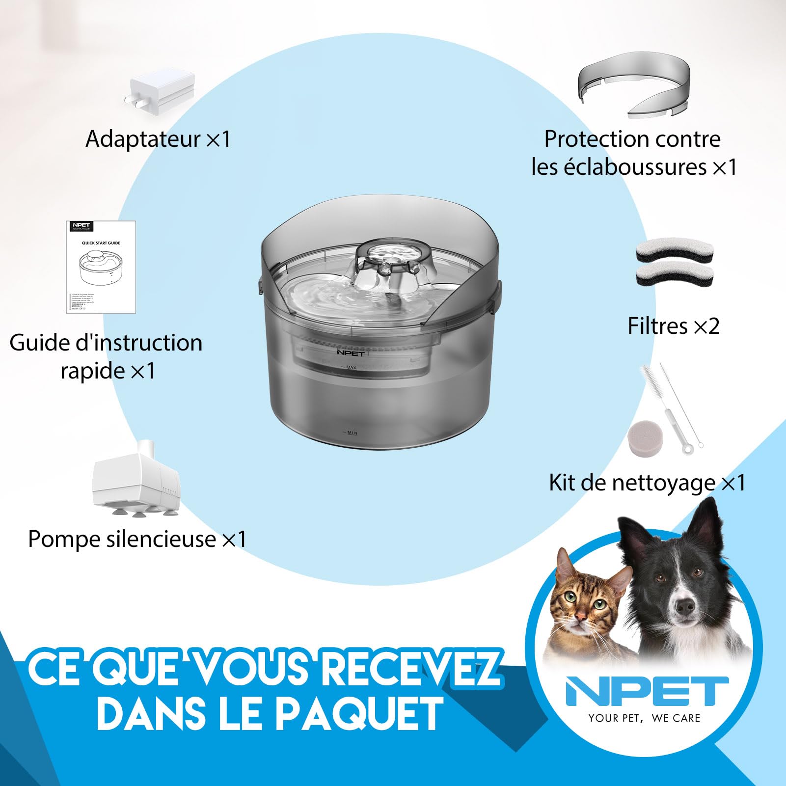 NPET Fontaine à Eau Chien, Fontaine à Eau pour Chien Automatique avec Protection Anti-éclaboussures, 8L, pour Chien&Chat, DF30