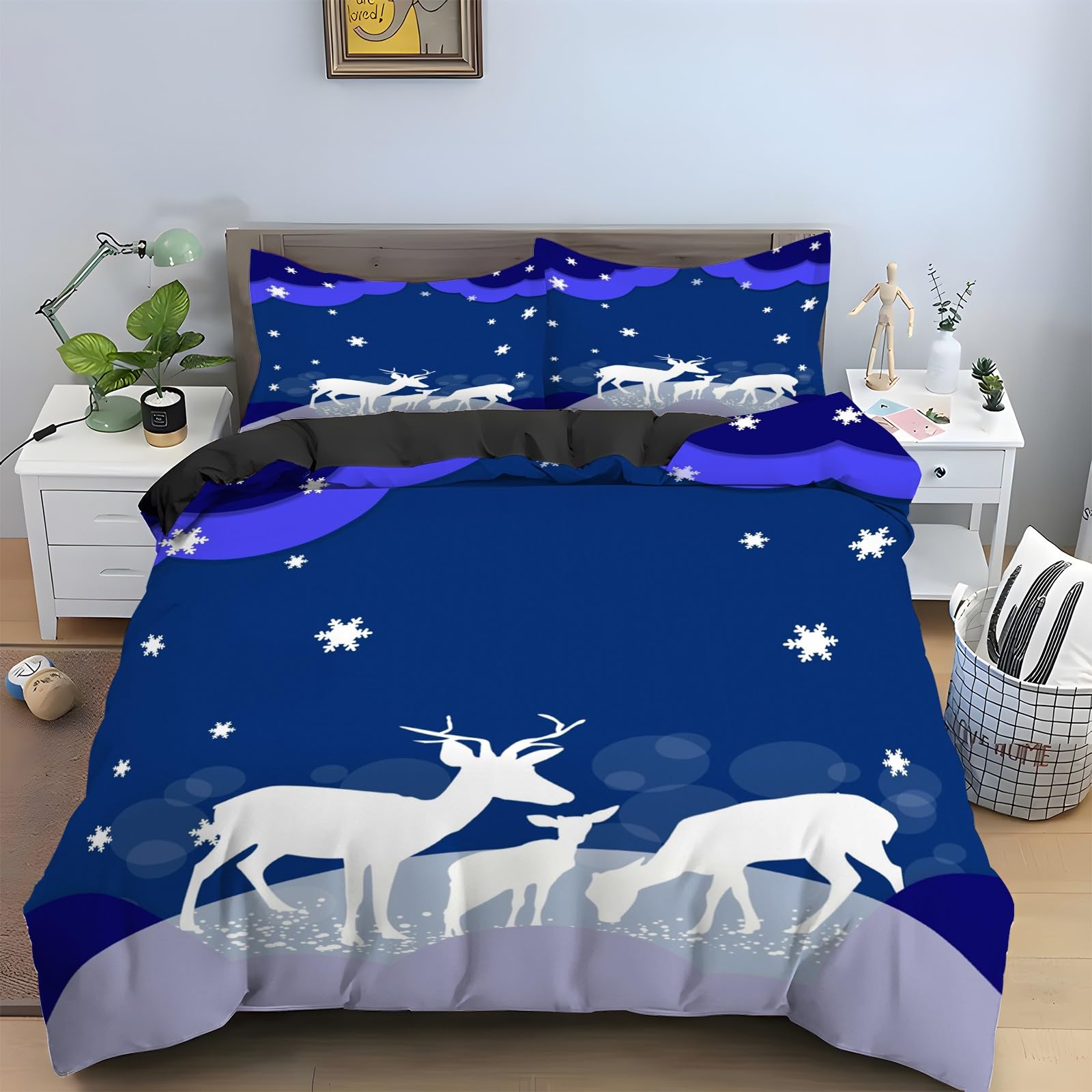 Parure de lit 90x190 Élan de Noël : housse couette zippée anti-glissement en microfibre