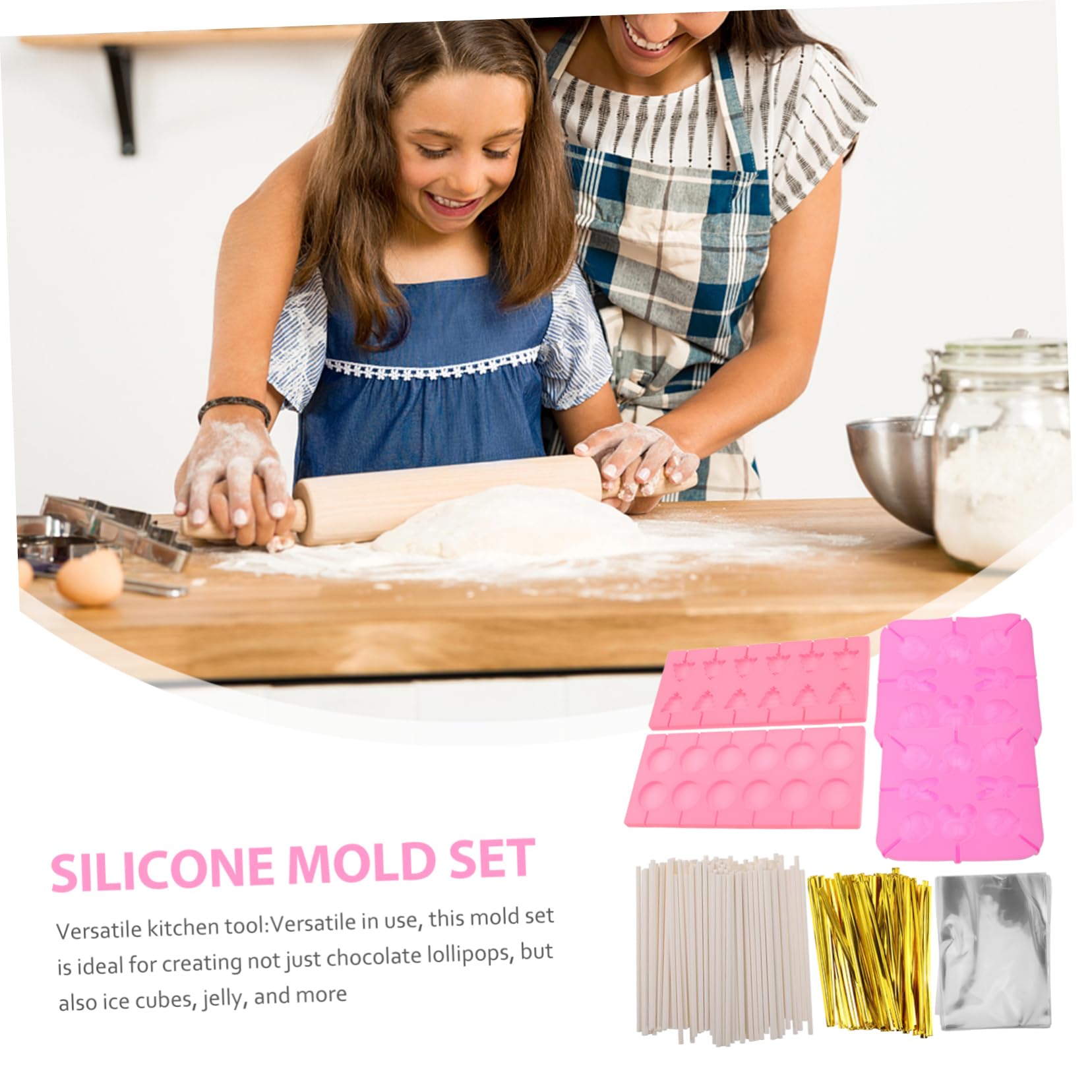Molde de Silicona para Piruletas Navideñas, 7 Piezas | Incluye Palitos, Bolsas de Golosinas y Bridas, Formas Variadas, para Chocolate y Caramelo Duro