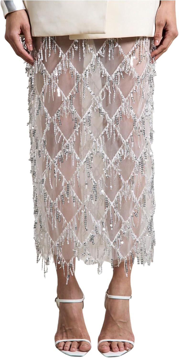 MakeMeChic Women's Sequin Midi Skirts Sheer Fringe Glitter Sparkly Party Club Cover Up Pencil Skirts