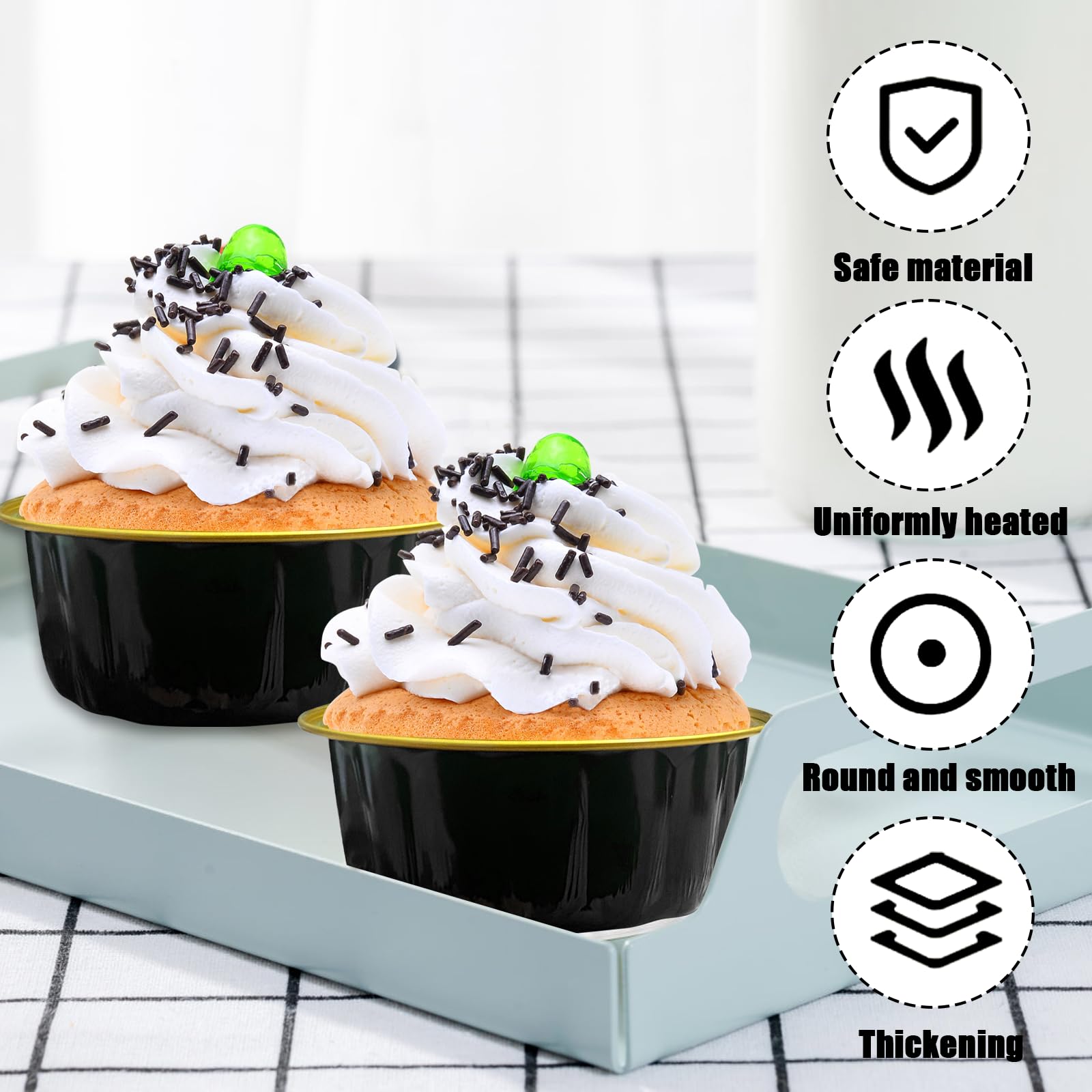 Einweg-Backförmchen mit Deckel, Einweg-Backförmchen mit Deckel, 237 ml, Kuchenformen mit Deckel, Aluminiumfolie, Einweg-Muffinform für Vanillepudding, Creme, Brûlée, Schwarz (Schwarz, Gold)