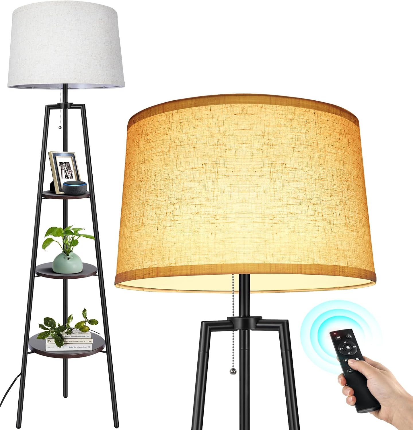 OUTON Tripod Floor Lamp with Shelves, Modern Shelf Floor Lamp with Remote, 4 Color Temperature, Dimmable Tall Standing Corner Lamp with Beige Linen Texture Shade for Living Room, Bedroom, Office Brown