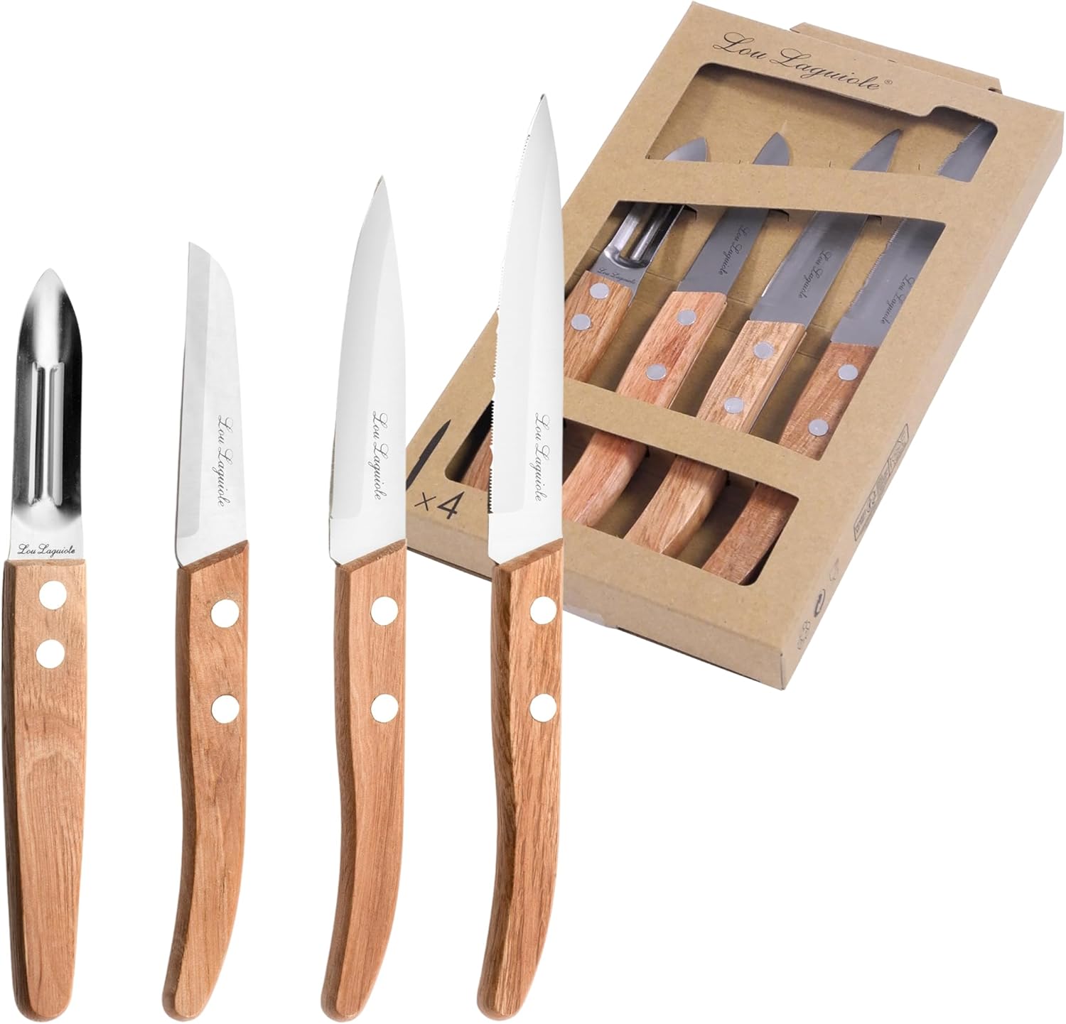 Lou Laguiole 497511NT01KK4 Forest Set with 4 Knives, Stainless Steel, Natural Wood, 22 x 13 x 2 cm