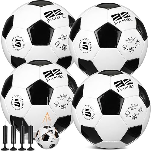 Shappy 4 pelotas de fútbol a granel con bolsa de malla de inflador, tamaño oficial 3, 4, 5, para interiores y exteriores, colorido, juego de fútbol,