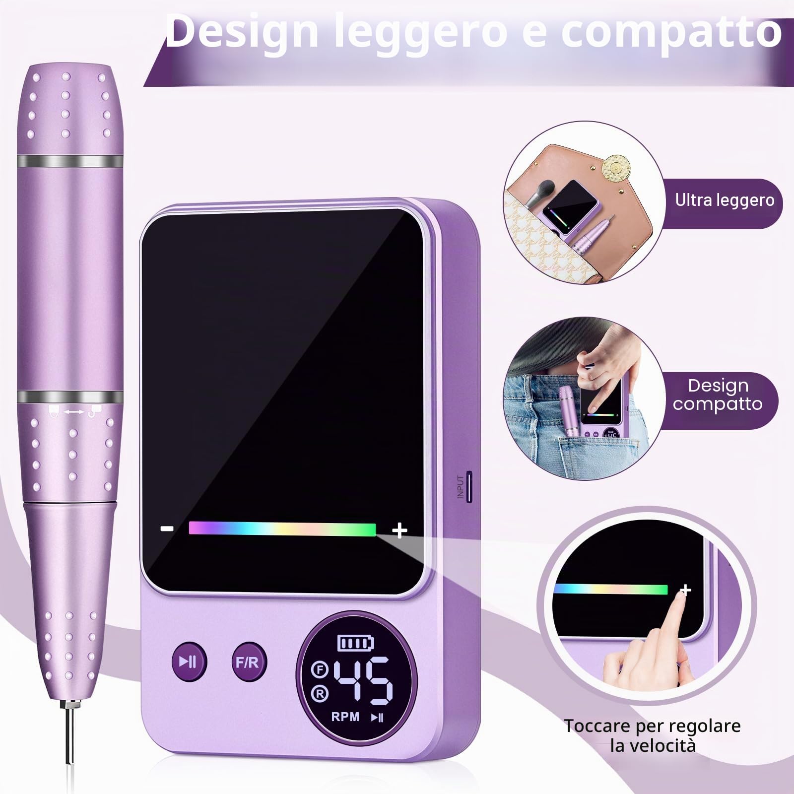 Fresa Per Unghie Professionale,Fresa Per Unghie 45000 Giri/Min,Trapano Elettrico Per Unghie Con 11 Punte Display Led,Lime Per Unghie Portatili Unghie Acriliche E Gel,Manicure E Pedicure (Viola)