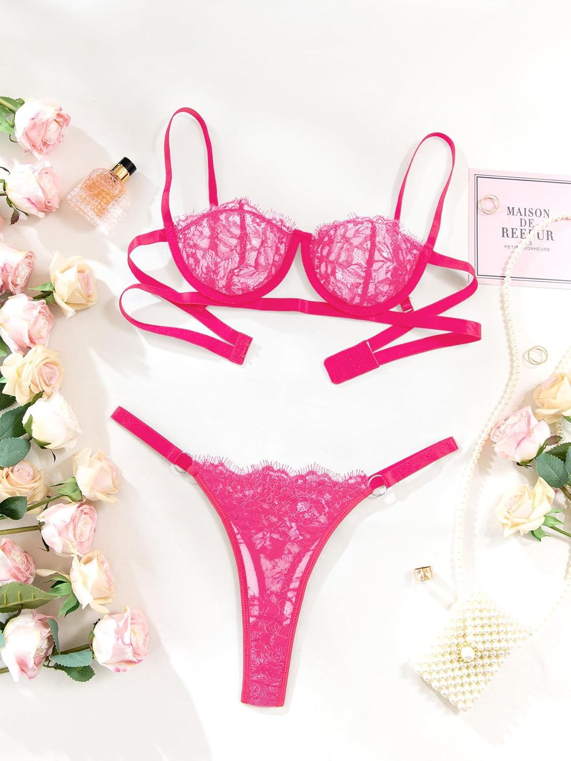 Lilosy Sexy Eyelash Underwire Floral Lace Sheer O Ring Linked Cutout Lingerie Set - Image 7