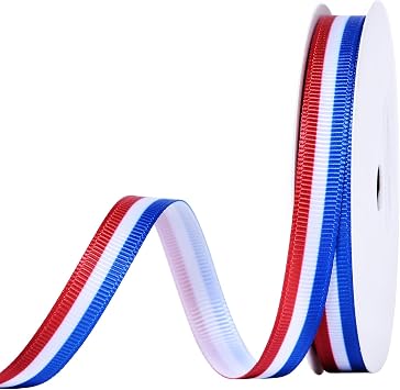 Ribest Red White and Blue Striped Grosgrain Ribbon for Gift Wrapping Hair Bow Patriotic Party Decoration Crafting Sewing, 3/8 Inch 10 Yards