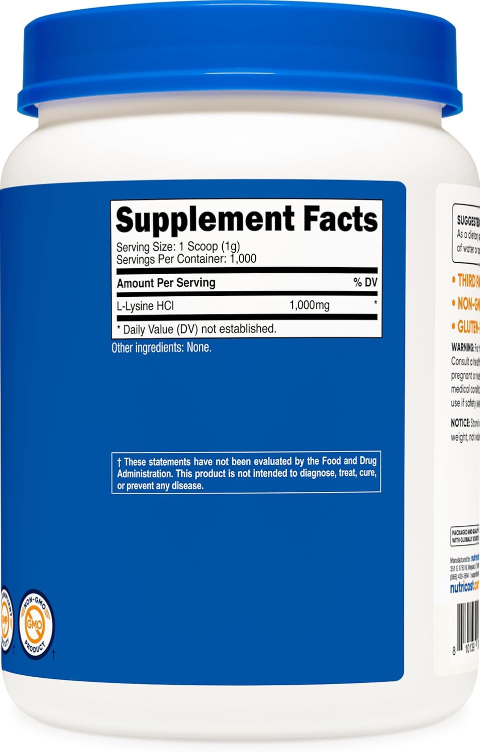 Nutricost L-Lysine Powder 1KG (2.2lbs) - Pure L-Lysine, Non-GMO, Gluten Free