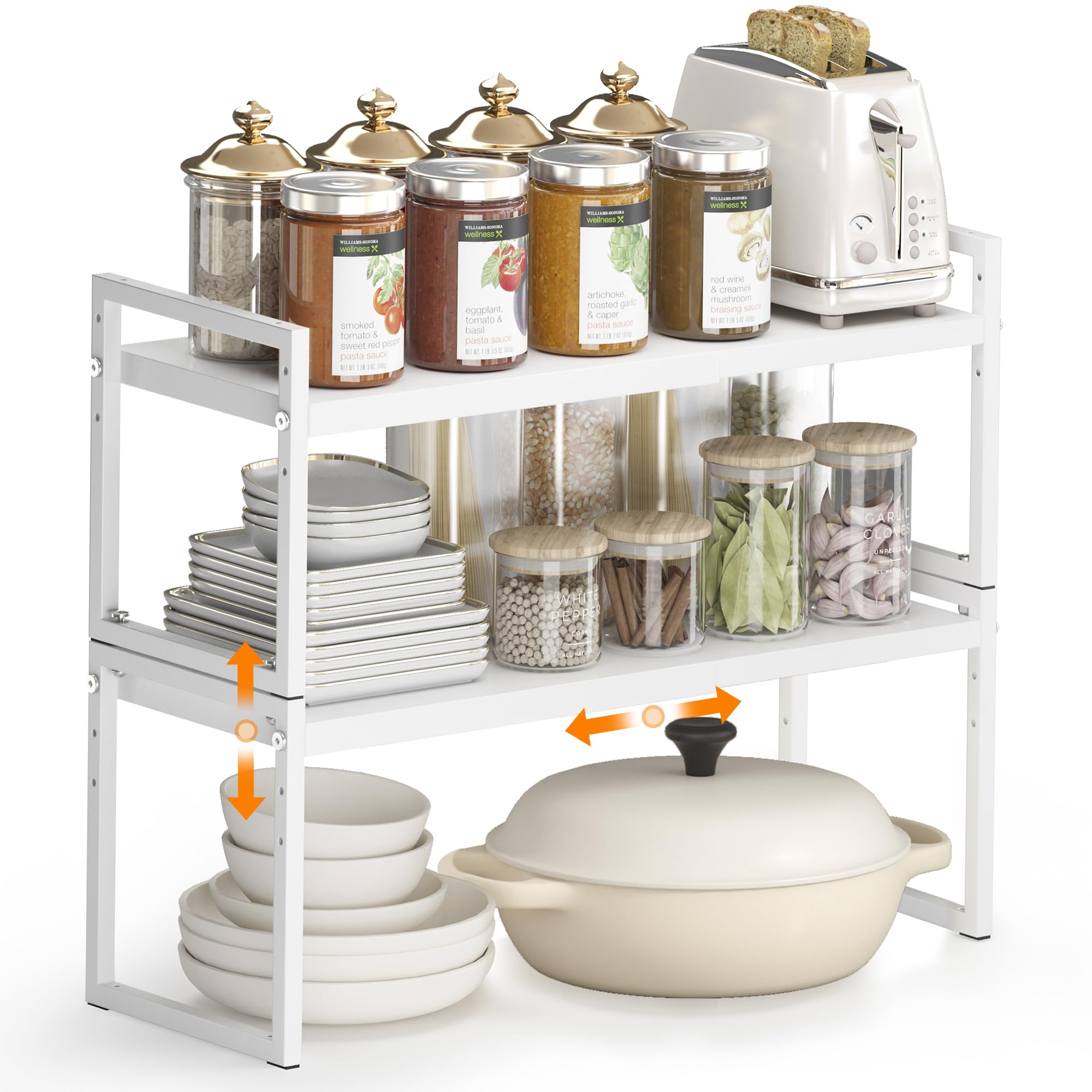 DOLALIKE Expandable Kitchen Countertop Organizer, Stackable Cabinet Shelf Organizers, Space Saving Spice Rack Pantry Storage for Bathroom Office Organization (White, 2-Tier)