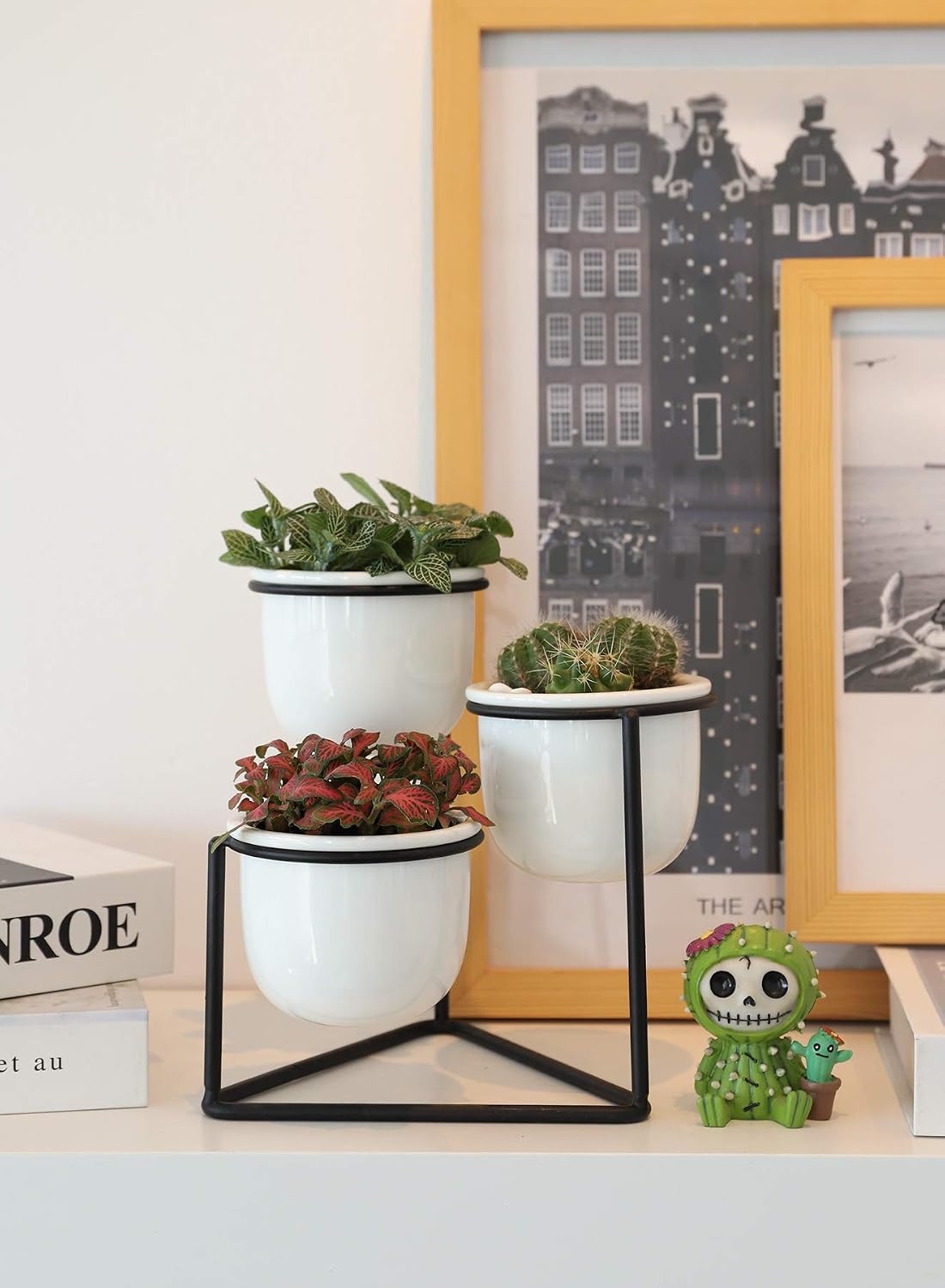 3 Piece Ceramic Succulent Planter Pots - 3 Inch Modern Century Indoor Cactus Container with Black Metallic Stand - Suspended Base Legs and Watering Drain Holes