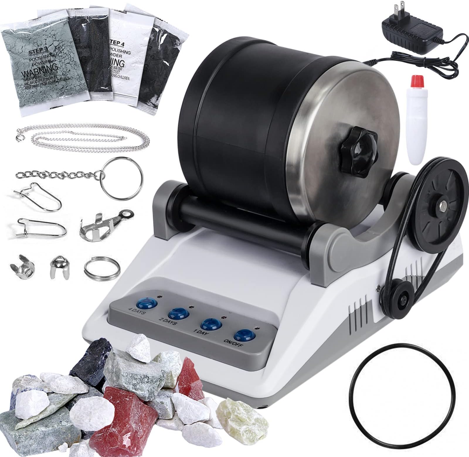 Rock Tumbler Kit, Professional Tumbling Stone Polisher with Button 7 Day Polishing Timer, Rock Polisher with Rough Gemstones, 4 Polishing Grits, Jewelry Fastenings, Geology Hobby Toy for Adults Kids