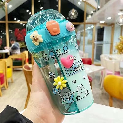Botella de agua Kawaii Linda botella de agua de doble compartimento Pareja Vaso de plástico con pajita, Botella portátil de 15 oz (14.5 fl oz) (azul)