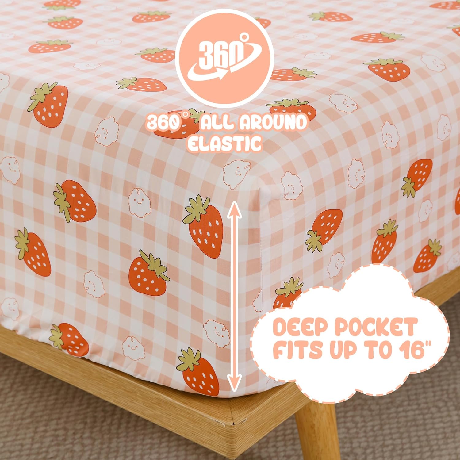 Yibeizi Pink Strawberry Sheet Set for Girls, Cute Full Size Kids Checkered Patterned Bedsheet Microfiber Deep Pocket Bedding Sheets & Pillowcases 4 Pieces - Image 3
