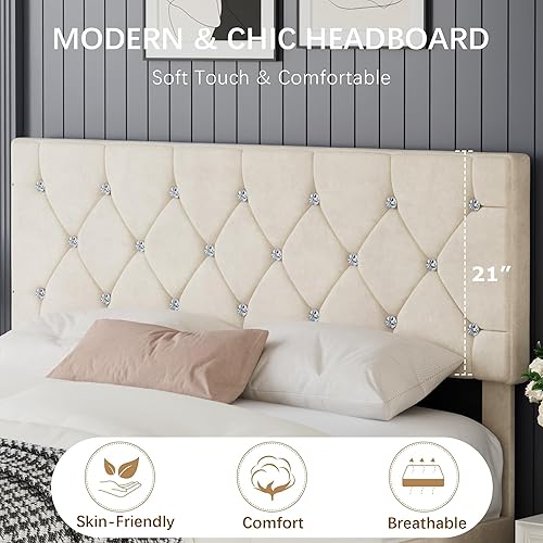 Miniatura 4 de VECELO Base de cama de tamaño matrimonial, plataforma tapizada con cabecera ajustable de diamante, soporte de listones de madera, no necesita