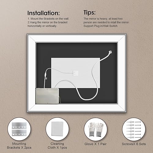 Miniatura 7 de Espejo de baño LED con marco de metal, 36 x 36 pulgadas, espejo de tocador con luces delanteras regulables, espejo iluminado para pared, antiniebla,