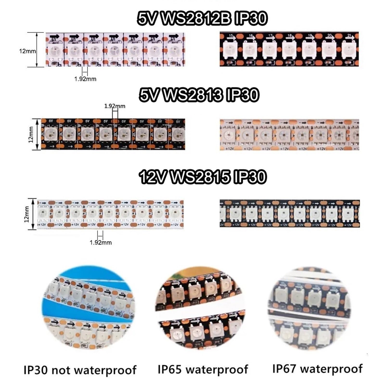 WS2812B WS2813 WS2815 SMD 5050 tira de luces LED 144 píxeles Direccionable individualmente Iluminación en cinta LED inteligente IP30/IP65/IP67 (W PCB,5V WS2813,1m 144 IP30)