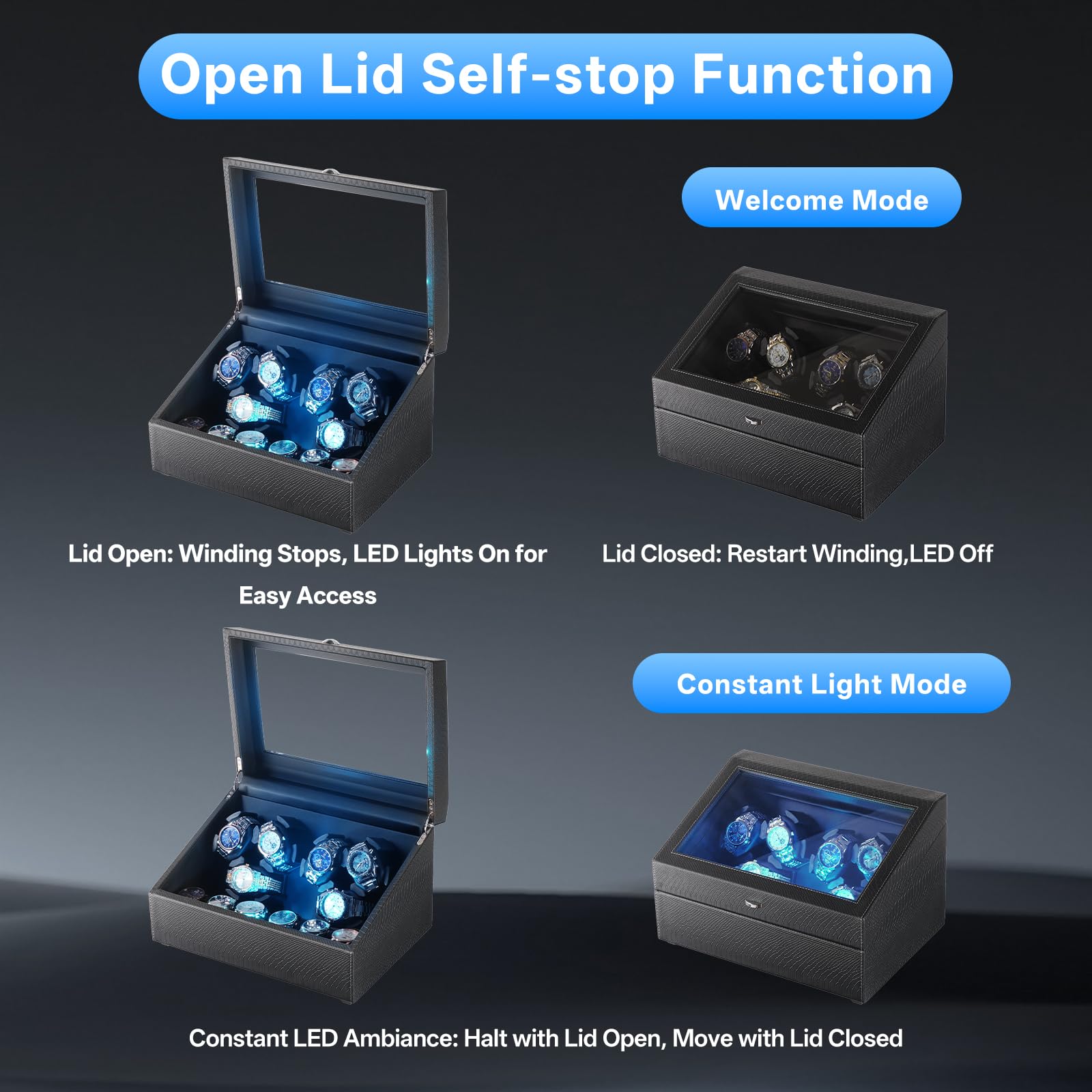 Isili Watch Winder für Automatikuhren, Luxus-Uhrenbeweger mit LED-Beleuchtung, 6er Uhrenbeweger + 6 Staufächer mit leisen Motoren, Geschenk für Vatertag (PU-Schlangenleder)