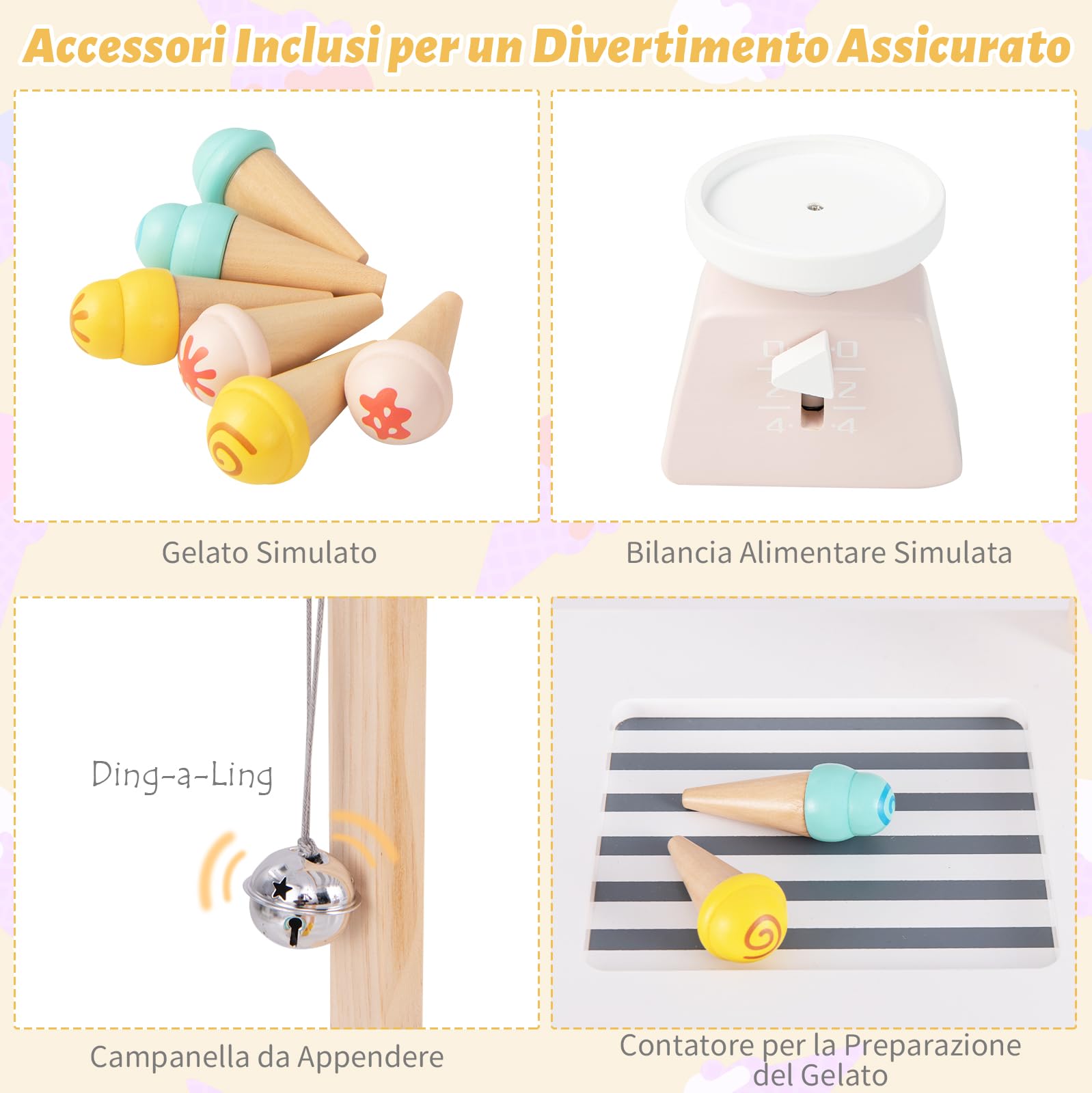 RELAX4LIFE Bancarella in Legno per Bambini con Carretto dei Gelati, 6 Coni Gelato, Ripiano e Lavagna, Bilancia e Campanello, Gioco di Ruolo Educativo, (BIANCO,79,5 x 29,5 x 100 cm)