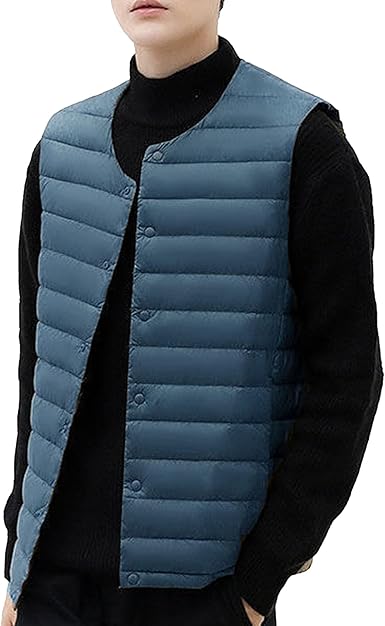 Men Collarless Padded Down Vest V-Neck Button Quilted Thicken Vest