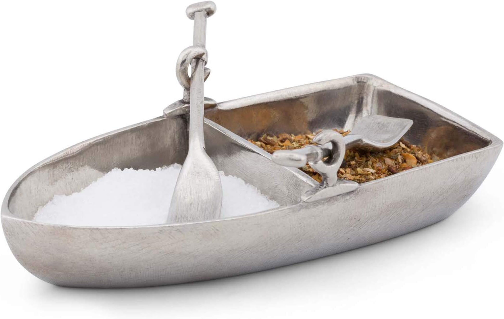 Vagabond House Pewter Row Boat Salt/Pepper Cellar Spice Sauce Server with Pewter Oar Salt Spoons Coastal Theme 3.75 inch Long