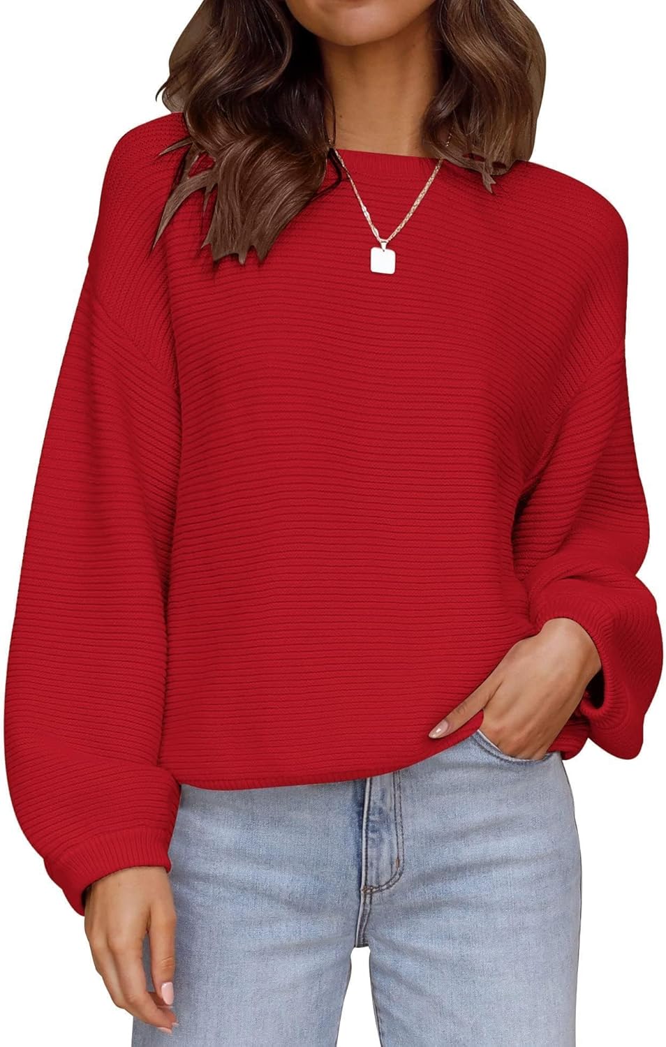 ZESICA Women's Crew Neck Long Lantern Sleeve Fall 2025 Casual Loose Ribbed Knit Solid Soft Pullover Sweater Tops