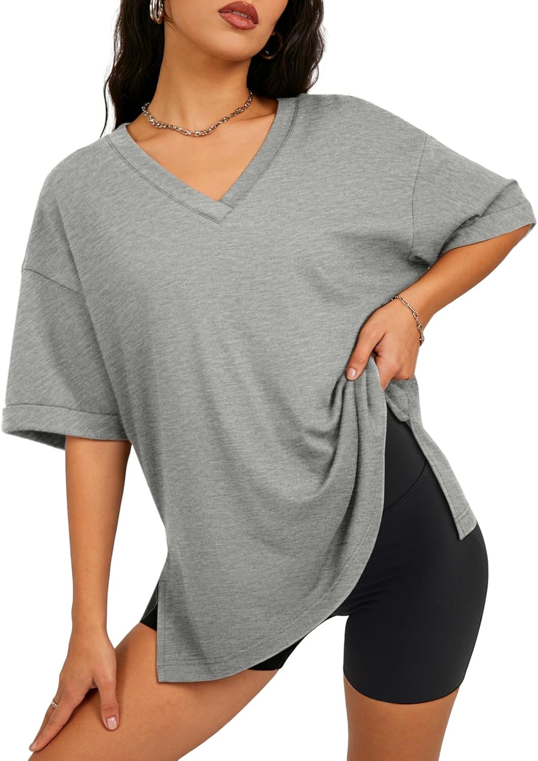ATHMILE Oversized Tshirts for Women Summer 2026 V Neck Casual Workout Plus Size Tops Spring Fashion Cute Basic Trendy Outfits