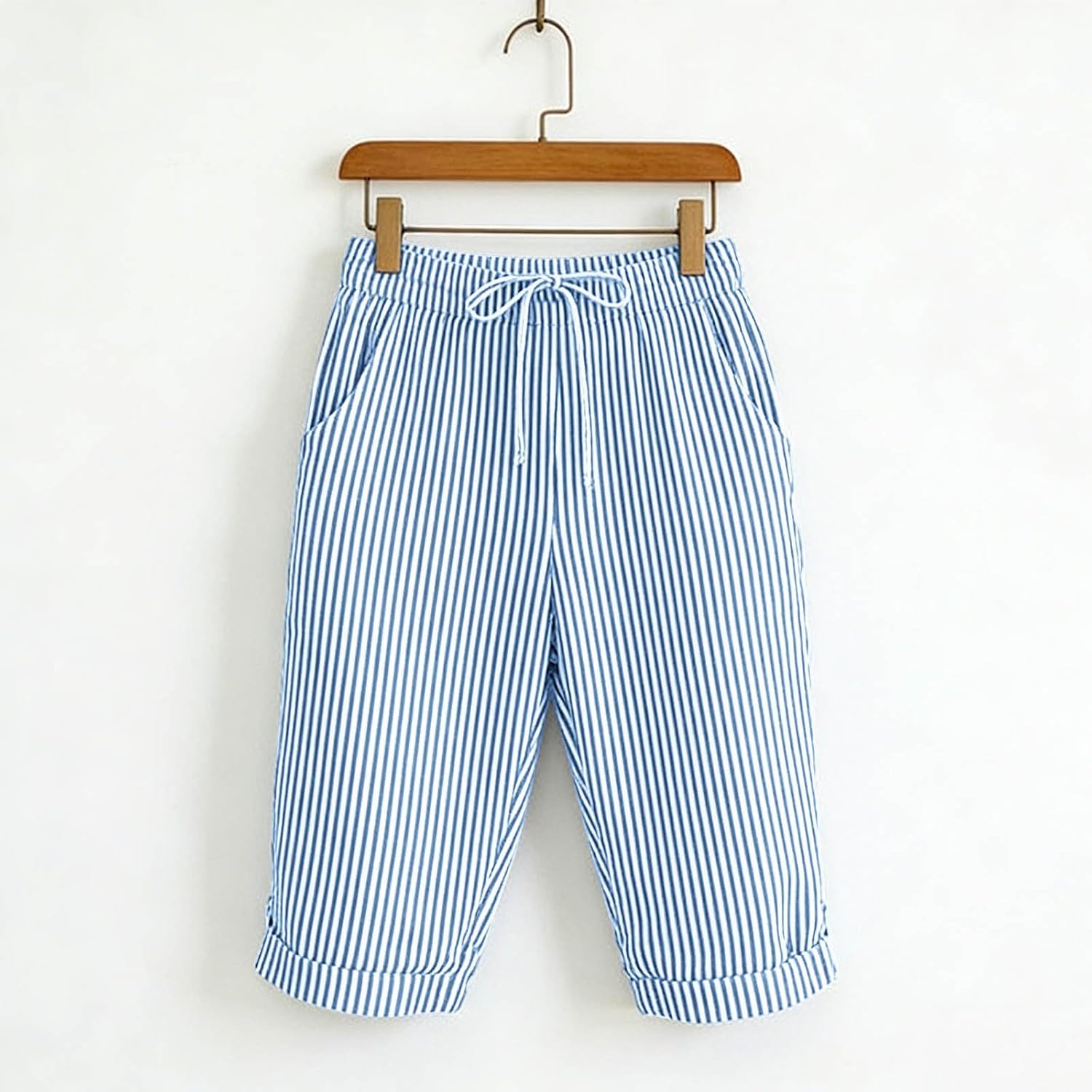 Bermuda Linen Striped Shorts Womens Drawstring Elastic High Waisted Rolled Hem Pants Wide Leg Beach Shorts with Pocket