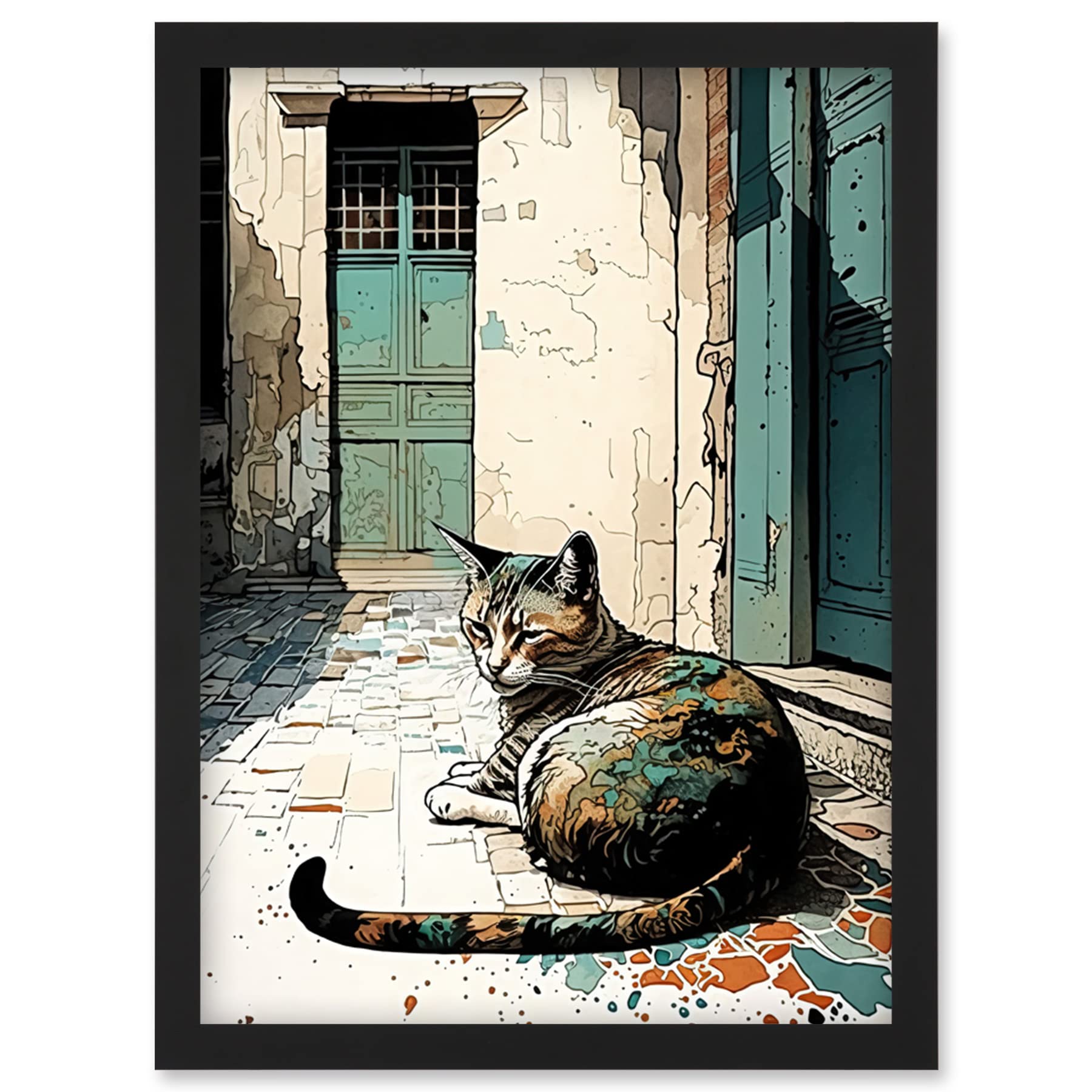 Artery8 Street Cat Sunbathing on Cobblestone Street Modern Illustration Artwork Framed Wall Art Print A4